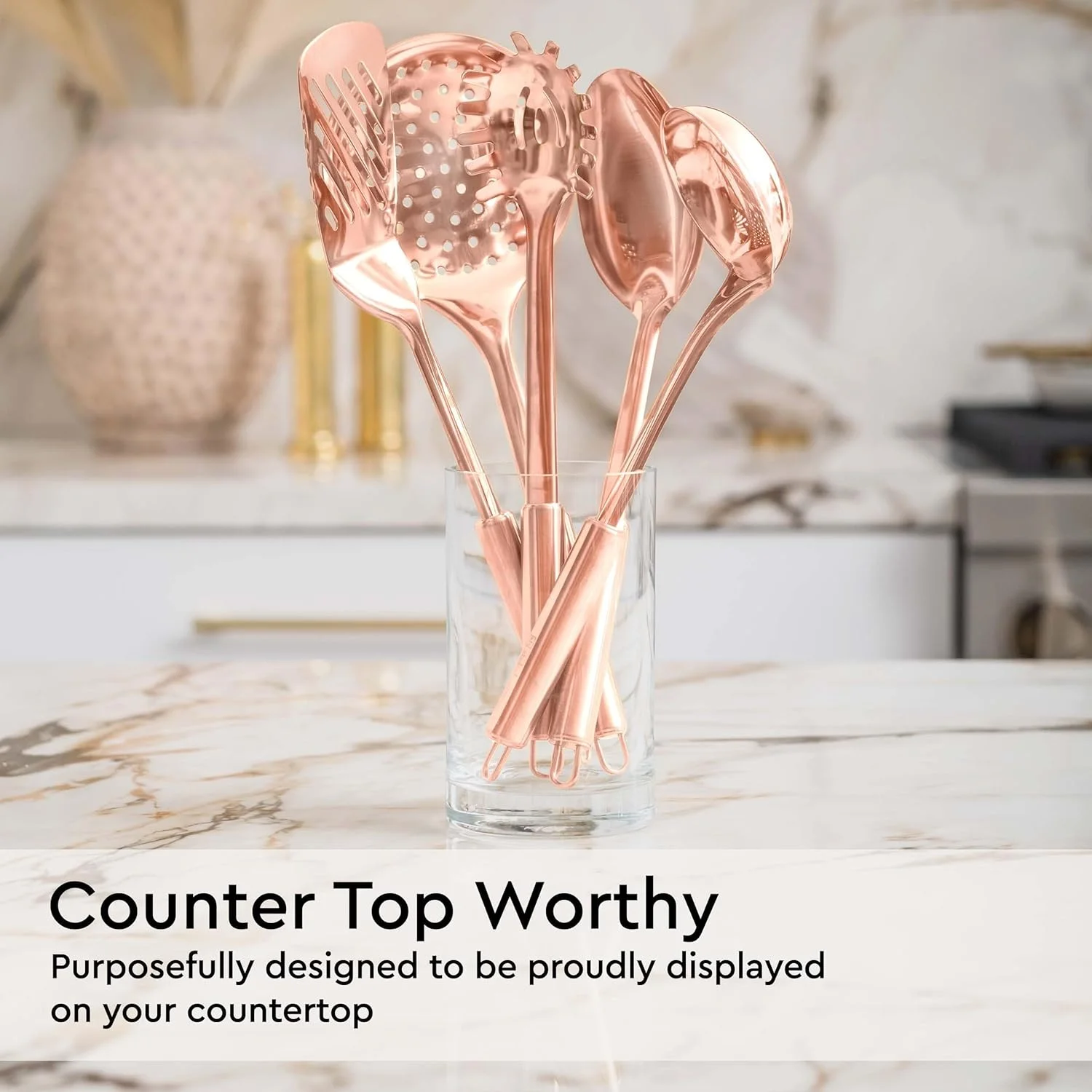 ست ظروف آشپزی مسی - ست 5 تکه ابزار آشپزخانه استیل رزگلد برای پخت و پز و سرو شامل ملاقه، قاشق، چنگال پاستا، کفگیر و صافی - لوازم جانبی شیک آشپزخانه مسی