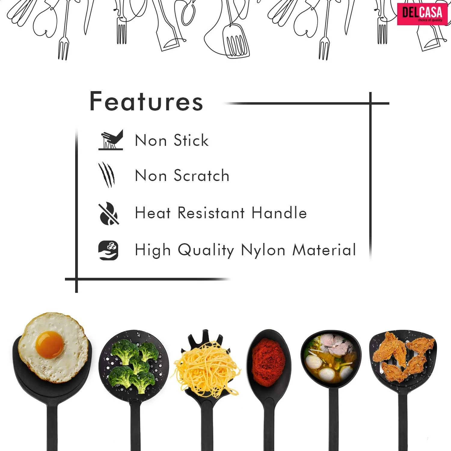 ست ۶ تکه ابزار آشپزی نایلونی دلکاسا - قاشق های پخت و پز و سرو نچسب و ضد خش - ظروف آشپزی مقاوم در برابر حرارت شامل ملاقه سوپ، قاشق سرو، کفگیر، قاشق سرو اسپاگتی، کفگیر تخت، برگردان