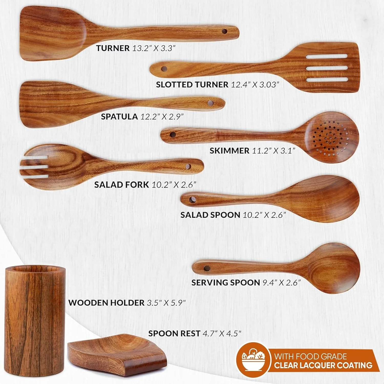 ست قاشق چوبی برای آشپزی، ست 9 تکه ظروف آشپزی چوبی از جنس چوب ساج طبیعی، ست ظروف آشپزی نچسب شامل کفگیر، ملاقه، قاشق صافی، چنگال سالاد، قاشق مخلوط کن و نگهدارنده ظروف
