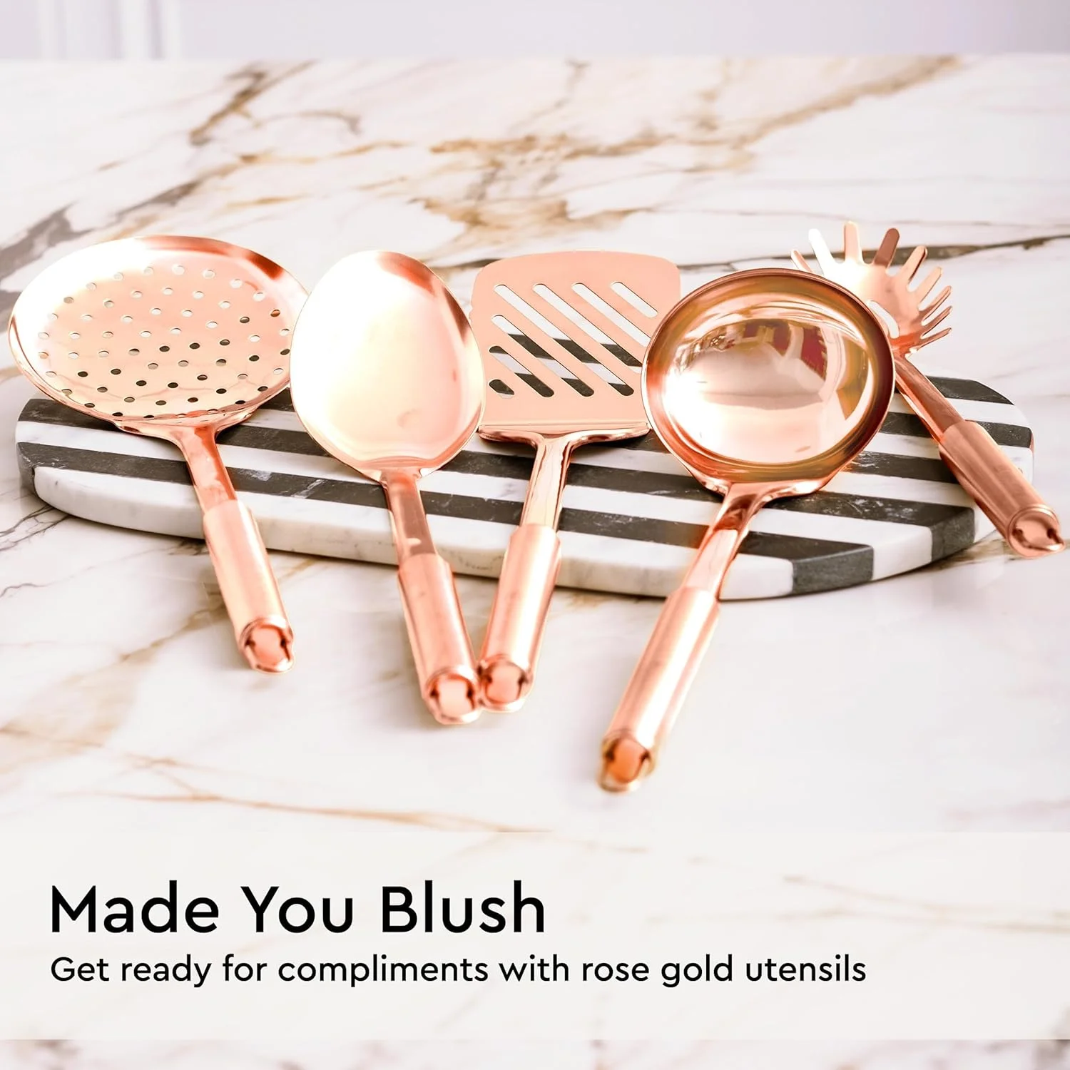 ست ظروف آشپزی مسی - ست 5 تکه ابزار آشپزخانه استیل رزگلد برای پخت و پز و سرو شامل ملاقه، قاشق، چنگال پاستا، کفگیر و صافی - لوازم جانبی شیک آشپزخانه مسی