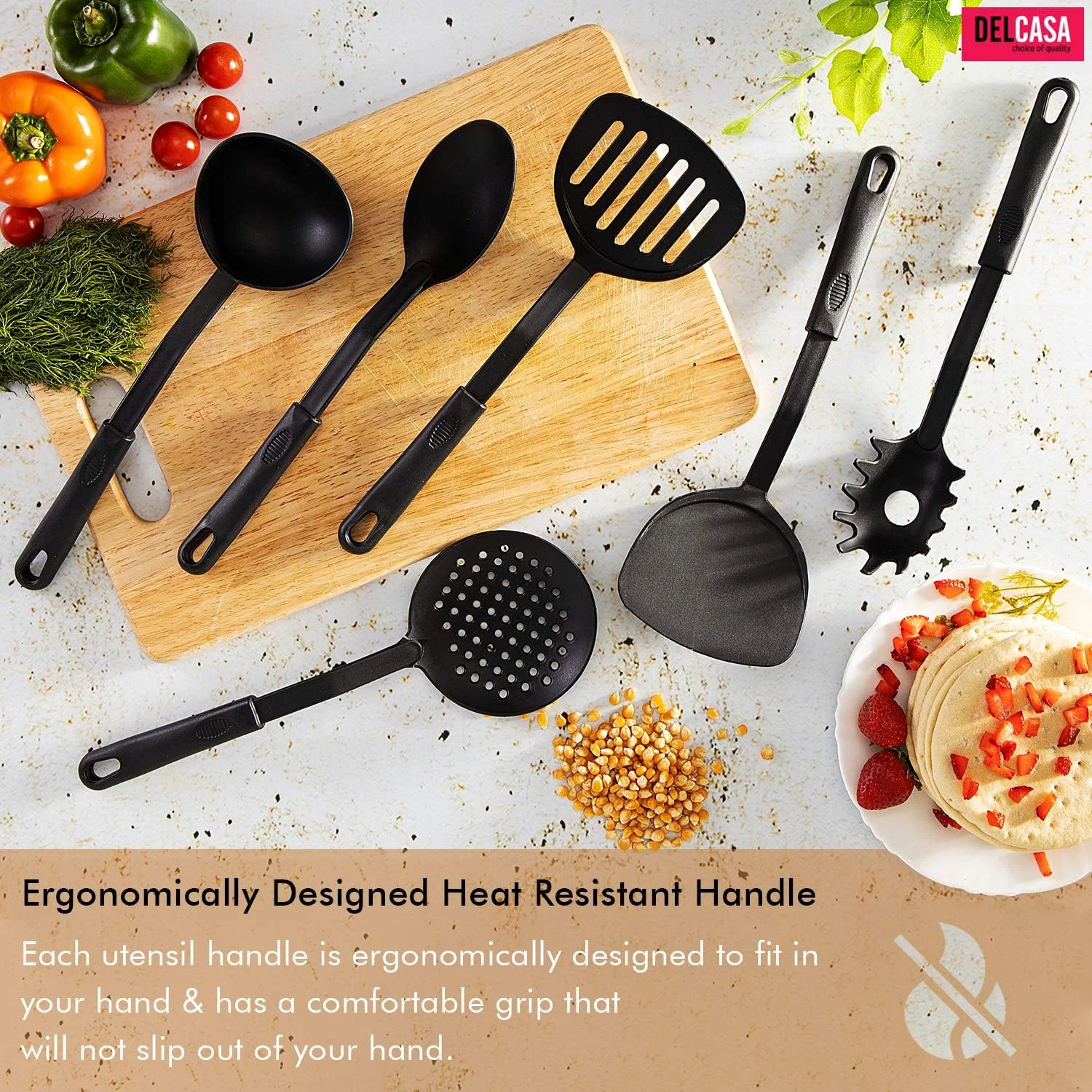 ست ۶ تکه ابزار آشپزی نایلونی دلکاسا - قاشق های پخت و پز و سرو نچسب و ضد خش - ظروف آشپزی مقاوم در برابر حرارت شامل ملاقه سوپ، قاشق سرو، کفگیر، قاشق سرو اسپاگتی، کفگیر تخت، برگردان