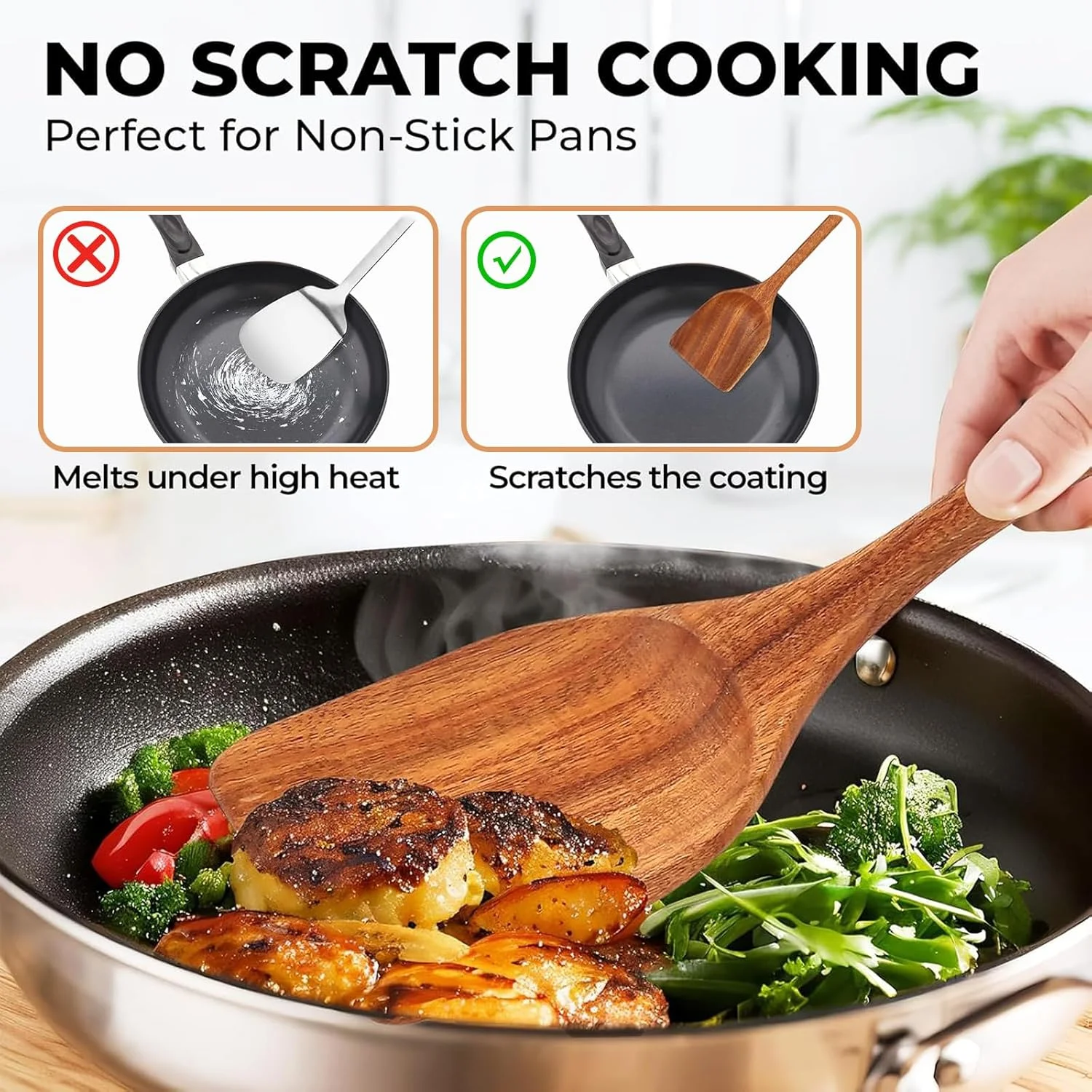 ست قاشق چوبی برای آشپزی، ست 9 تکه ظروف آشپزی چوبی از جنس چوب ساج طبیعی، ست ظروف آشپزی نچسب شامل کفگیر، ملاقه، قاشق صافی، چنگال سالاد، قاشق مخلوط کن و نگهدارنده ظروف