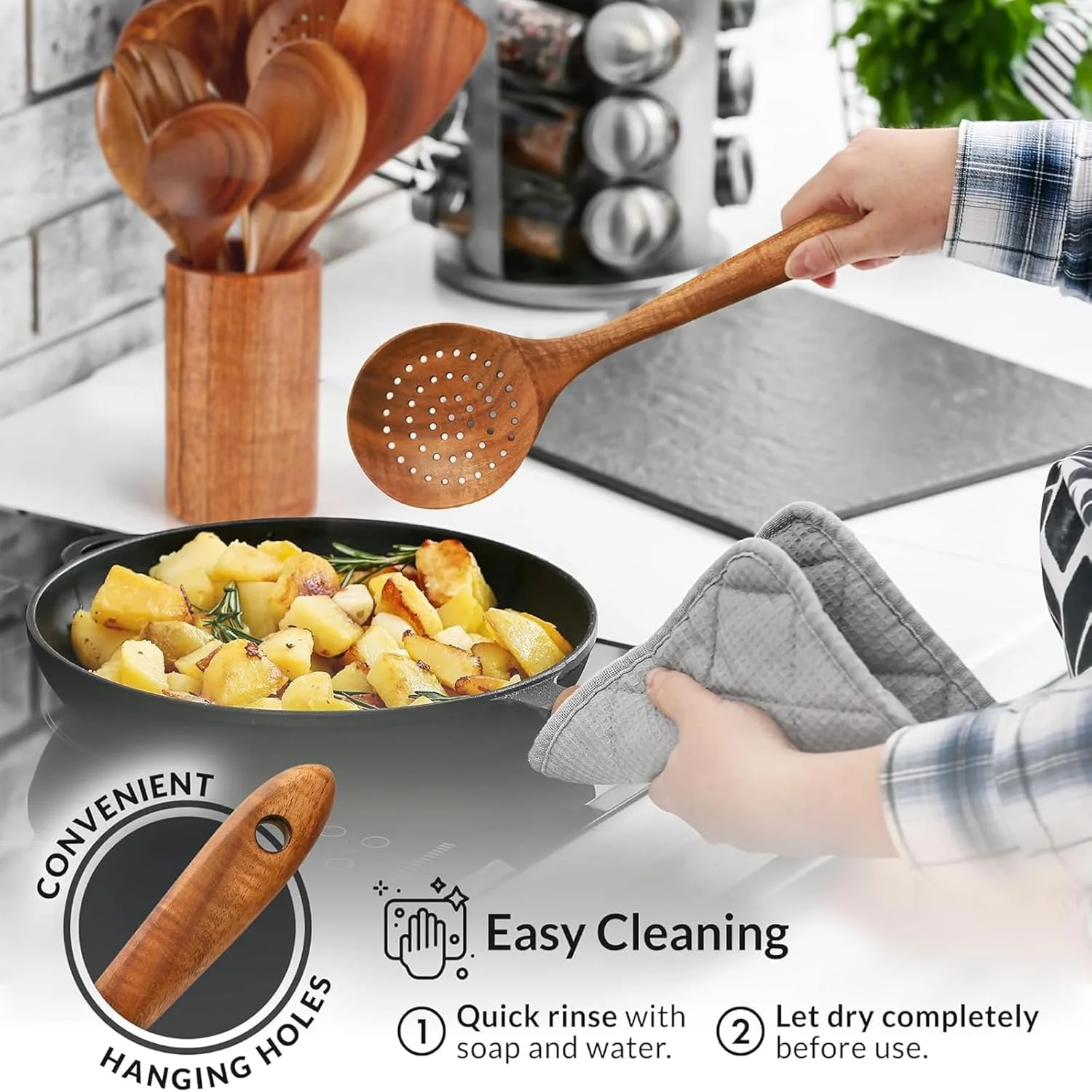 ست قاشق چوبی برای آشپزی، ست 9 تکه ظروف آشپزی چوبی از جنس چوب ساج طبیعی، ست ظروف آشپزی نچسب شامل کفگیر، ملاقه، قاشق صافی، چنگال سالاد، قاشق مخلوط کن و نگهدارنده ظروف