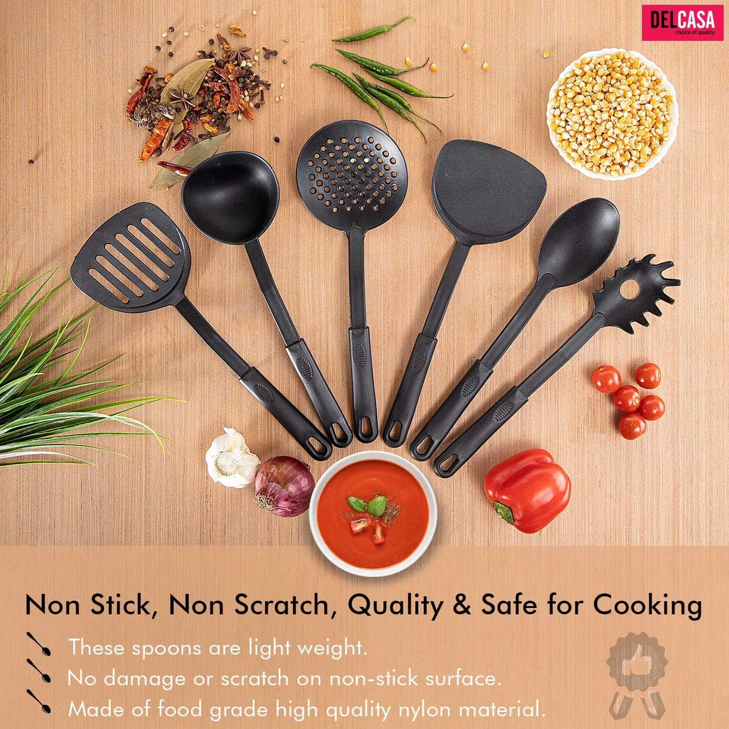ست ۶ تکه ابزار آشپزی نایلونی دلکاسا - قاشق های پخت و پز و سرو نچسب و ضد خش - ظروف آشپزی مقاوم در برابر حرارت شامل ملاقه سوپ، قاشق سرو، کفگیر، قاشق سرو اسپاگتی، کفگیر تخت، برگردان