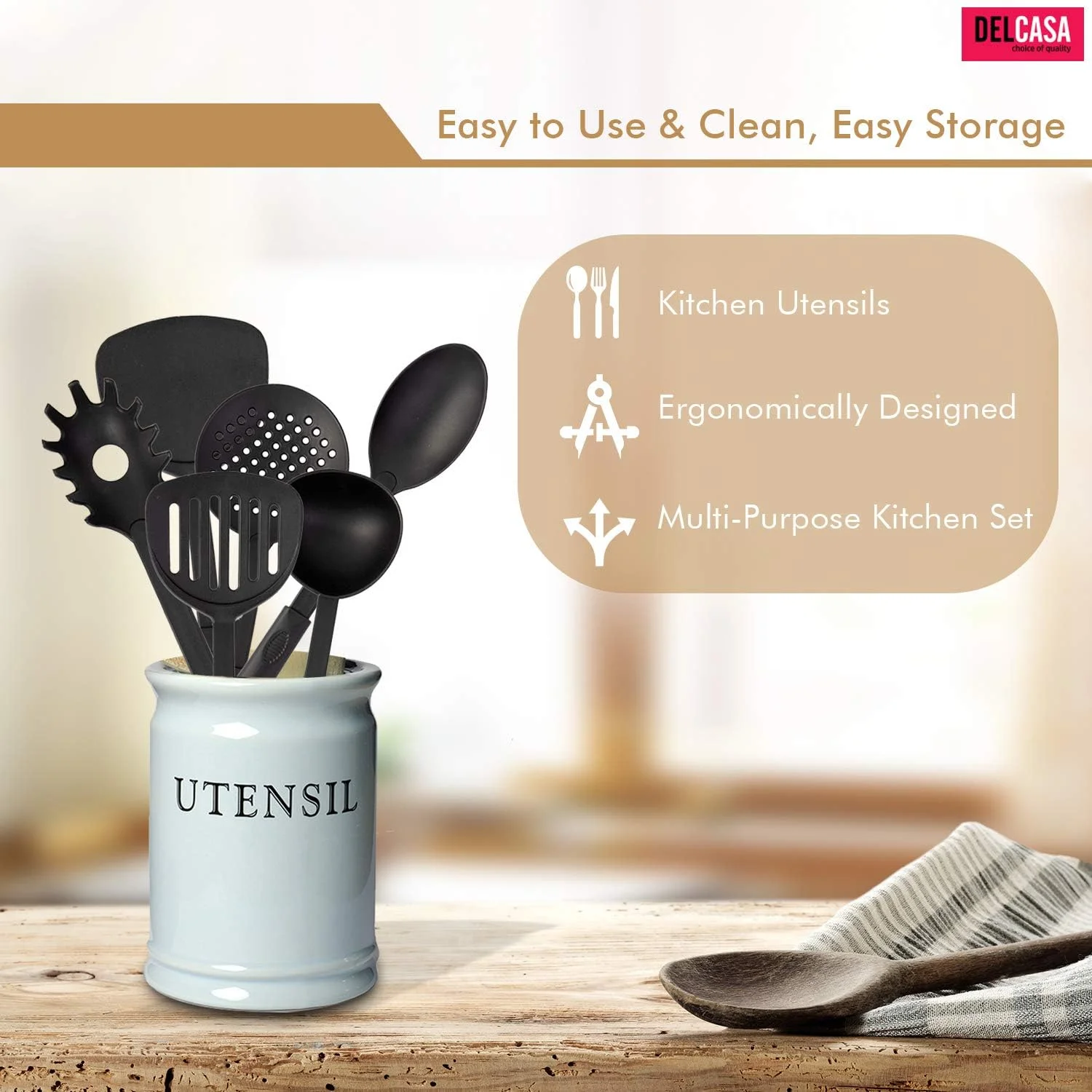 ست ۶ تکه ابزار آشپزی نایلونی دلکاسا - قاشق های پخت و پز و سرو نچسب و ضد خش - ظروف آشپزی مقاوم در برابر حرارت شامل ملاقه سوپ، قاشق سرو، کفگیر، قاشق سرو اسپاگتی، کفگیر تخت، برگردان