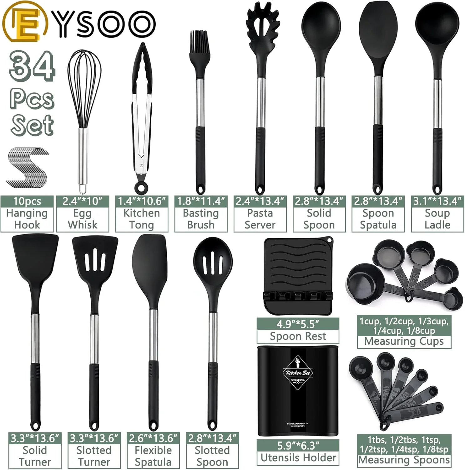 ست لوازم آشپزی EYSOO شامل 34 قطعه ابزار آشپزخانه سیلیکونی با پایه نگهدارنده، مناسب برای ظروف نچسب، مقاوم در برابر حرارت، دارای دسته استیل (مشکی) ست لوازم آشپزی EYSOO شامل 34 قطعه ابزار آشپزخانه سیلیکونی با پایه نگهدارنده، مناسب برای ظروف نچسب، مقاوم در برابر حرارت، دارای دسته استیل (مشکی)