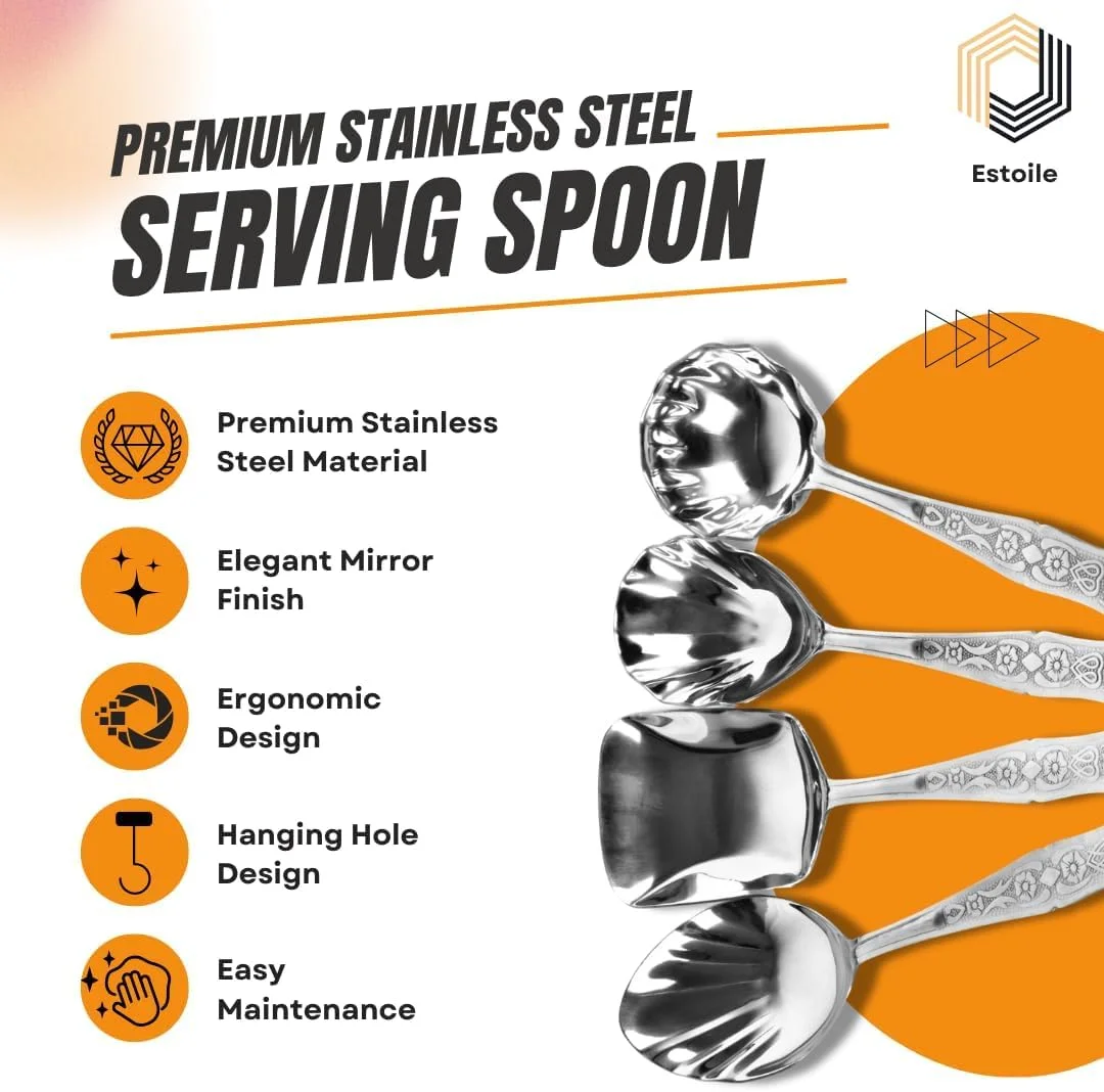ست قاشق سرو استیل ESTOILE مناسب غذاخوری | ست کفگیر - 1 ملاقه، 2 قاشق ساده و 1 قاشق برنج (ست 4 عددی) (25 سانتی متر) ست قاشق سرو استیل ESTOILE مناسب غذاخوری | ست کفگیر - 1 ملاقه، 2 قاشق ساده و 1 قاشق برنج (ست 4 عددی) (25 سانتی متر)