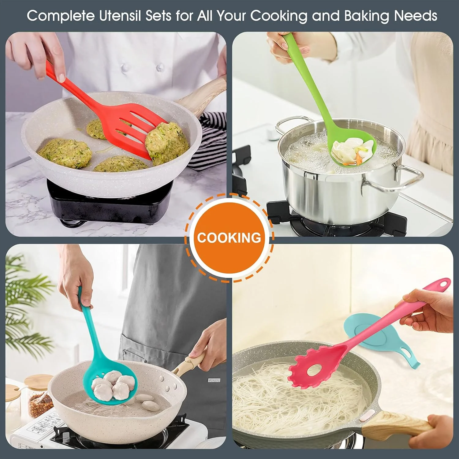 ست لوازم آشپزی ای-فار، ست 15 تکه ابزار آشپزی سیلیکونی به همراه نگهدارنده، مناسب برای ظروف نچسب و مقاوم در برابر حرارت، شامل ملاقه، کفگیر، قاشق، برگردان شیاردار برای آشپزی و پخت (رنگی) ست لوازم آشپزی ای-فار، ست 15 تکه ابزار آشپزی سیلیکونی به همراه نگهدارنده، مناسب برای ظروف نچسب و مقاوم در برابر حرارت، شامل ملاقه، کفگیر، قاشق، برگردان شیاردار برای آشپزی و پخت (رنگی)