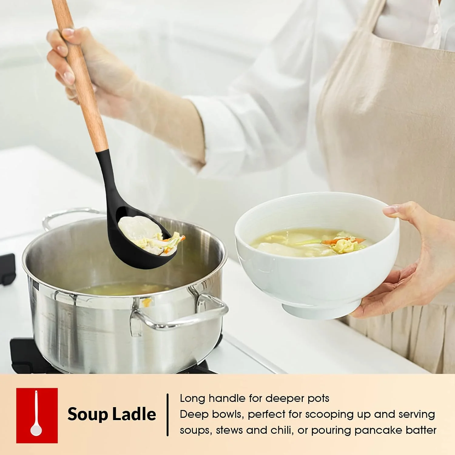 ست 6 تکه لوازم آشپزی E-far، لوازم آشپزخانه سیلیکونی با دسته چوبی، مناسب برای ظروف نچسب و مقاوم در برابر حرارت، شامل کفگیر/ملاقه/برگردان شیاردار/قاشق سرو/سرو کننده اسپاگتی (مشکی) ست 6 تکه لوازم آشپزی E-far، لوازم آشپزخانه سیلیکونی با دسته چوبی، مناسب برای ظروف نچسب و مقاوم در برابر حرارت، شامل کفگیر/ملاقه/برگردان شیاردار/قاشق سرو/سرو کننده اسپاگتی (مشکی)