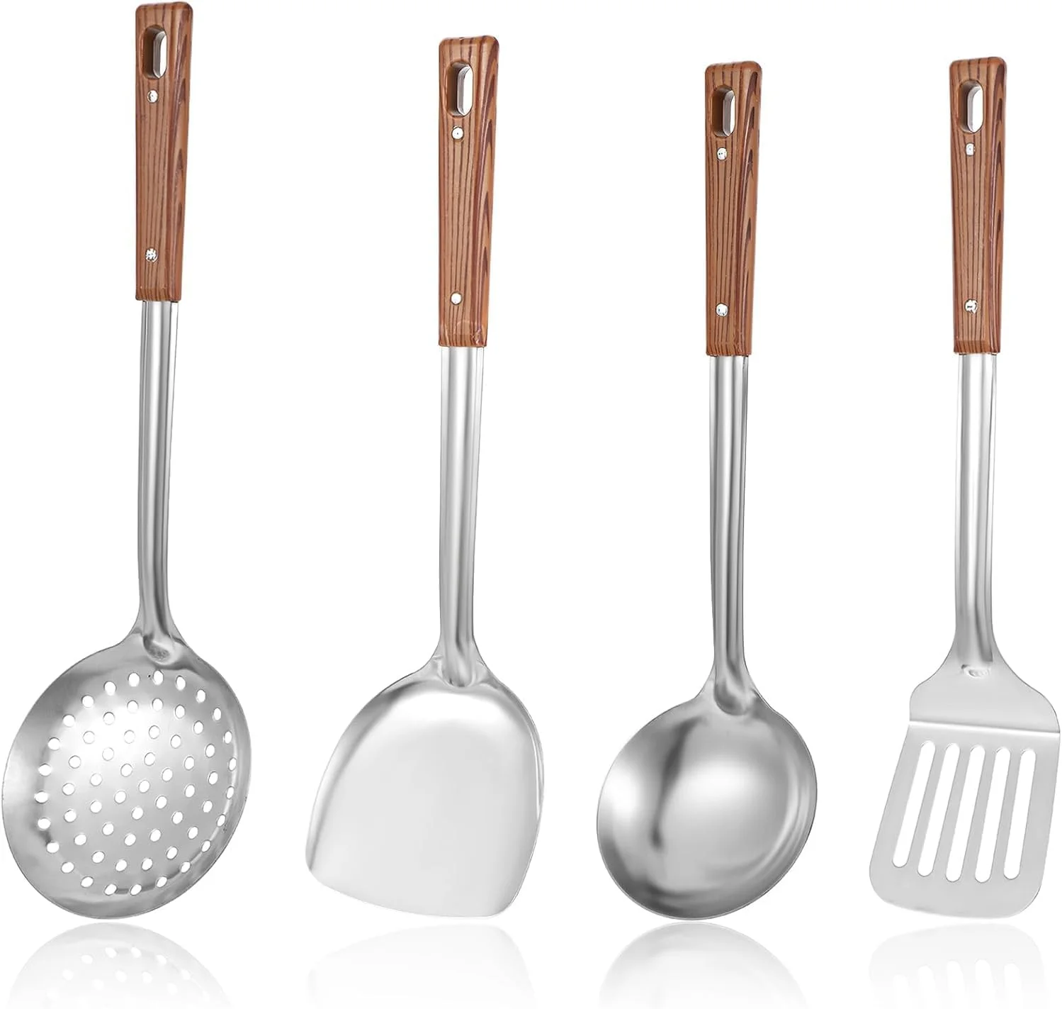 ست لوازم آشپزی، ست 4 تکه لوازم آشپزی استیل ضد زنگ با دسته چوبی، شامل کفگیر ووک، ملاقه سوپ، کفگیر صافی دار، برگردان شکاف دار، ابزار آشپزی مقاوم در برابر حرارت ست لوازم آشپزی، ست 4 تکه لوازم آشپزی استیل ضد زنگ با دسته چوبی، شامل کفگیر ووک، ملاقه سوپ، کفگیر صافی دار، برگردان شکاف دار، ابزار آشپزی مقاوم در برابر حرارت