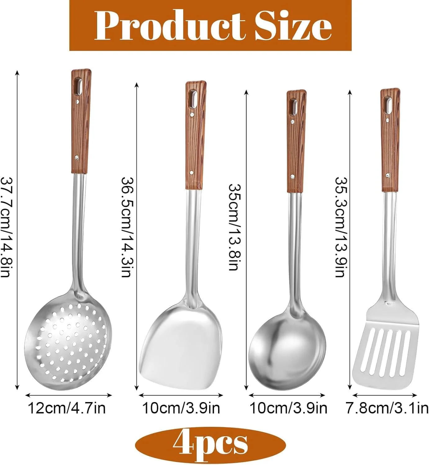 ست لوازم آشپزی، ست 4 تکه لوازم آشپزی استیل ضد زنگ با دسته چوبی، شامل کفگیر ووک، ملاقه سوپ، کفگیر صافی دار، برگردان شکاف دار، ابزار آشپزی مقاوم در برابر حرارت ست لوازم آشپزی، ست 4 تکه لوازم آشپزی استیل ضد زنگ با دسته چوبی، شامل کفگیر ووک، ملاقه سوپ، کفگیر صافی دار، برگردان شکاف دار، ابزار آشپزی مقاوم در برابر حرارت