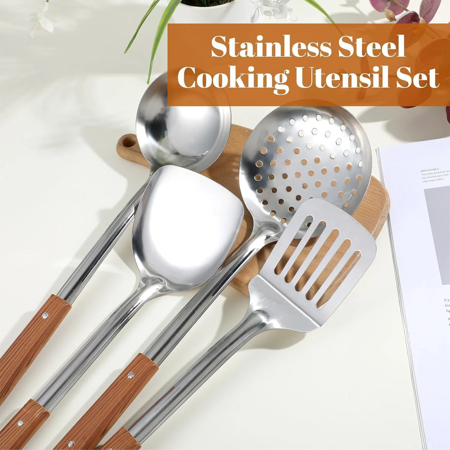 ست لوازم آشپزی، ست 4 تکه لوازم آشپزی استیل ضد زنگ با دسته چوبی، شامل کفگیر ووک، ملاقه سوپ، کفگیر صافی دار، برگردان شکاف دار، ابزار آشپزی مقاوم در برابر حرارت ست لوازم آشپزی، ست 4 تکه لوازم آشپزی استیل ضد زنگ با دسته چوبی، شامل کفگیر ووک، ملاقه سوپ، کفگیر صافی دار، برگردان شکاف دار، ابزار آشپزی مقاوم در برابر حرارت