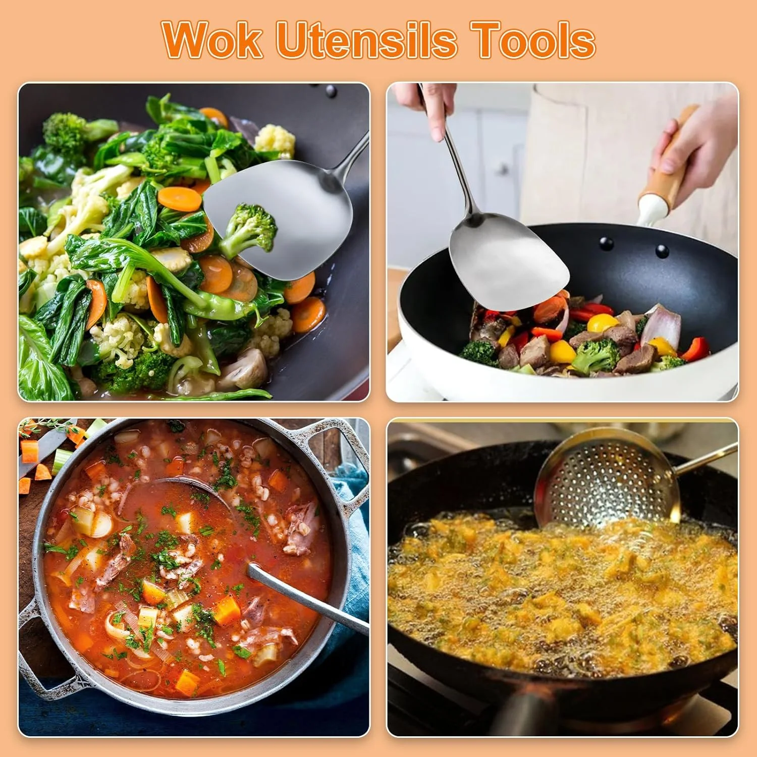 ست کفگیر و ملاقه وک FJNATINH، ست ابزار ملاقه اسکیمر، کفگیر 43 سانتی متری برای وک، کفگیر وک استیل 304 ست کفگیر و ملاقه وک FJNATINH، ست ابزار ملاقه اسکیمر، کفگیر 43 سانتی متری برای وک، کفگیر وک استیل 304