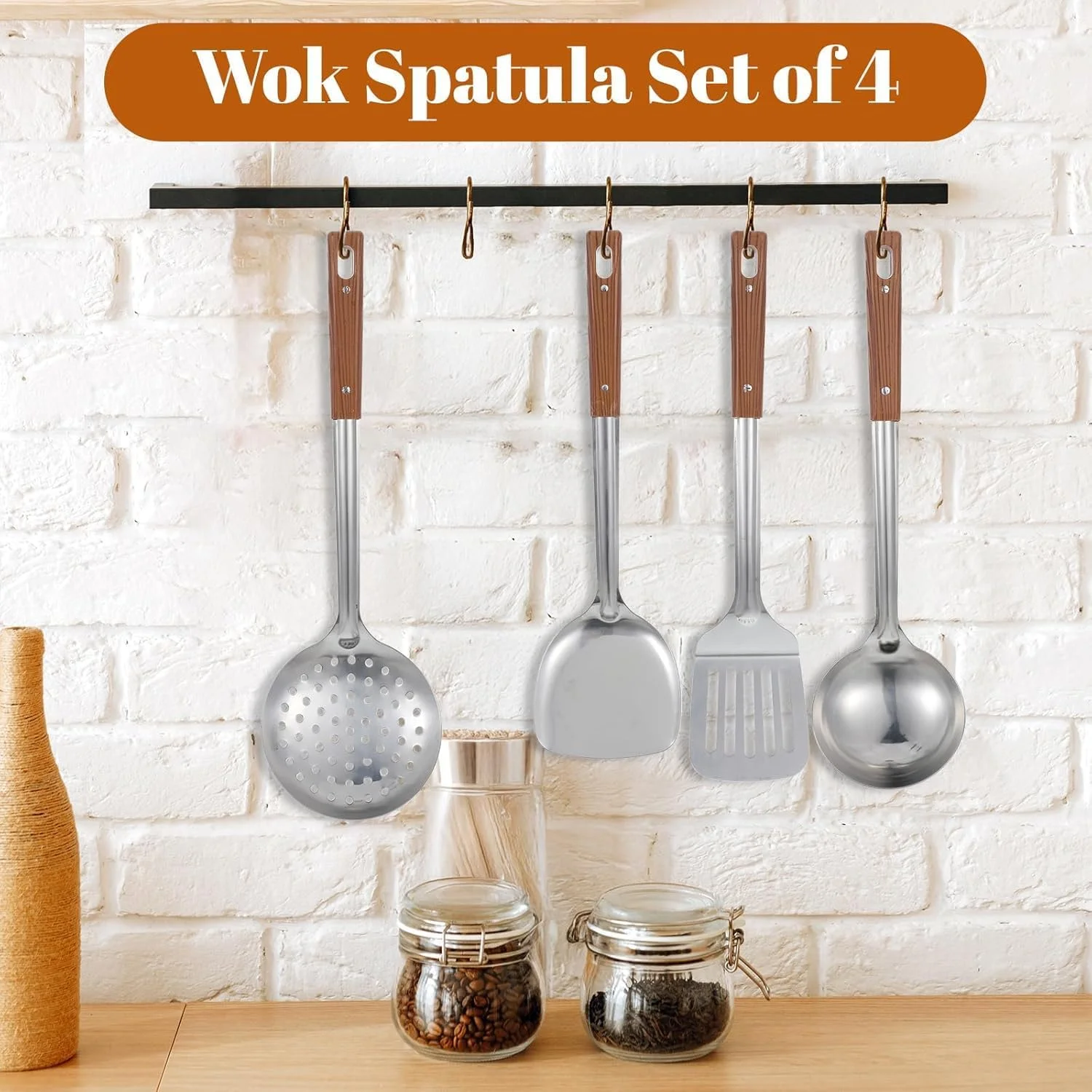 ست لوازم آشپزی، ست 4 تکه لوازم آشپزی استیل ضد زنگ با دسته چوبی، شامل کفگیر ووک، ملاقه سوپ، کفگیر صافی دار، برگردان شکاف دار، ابزار آشپزی مقاوم در برابر حرارت ست لوازم آشپزی، ست 4 تکه لوازم آشپزی استیل ضد زنگ با دسته چوبی، شامل کفگیر ووک، ملاقه سوپ، کفگیر صافی دار، برگردان شکاف دار، ابزار آشپزی مقاوم در برابر حرارت