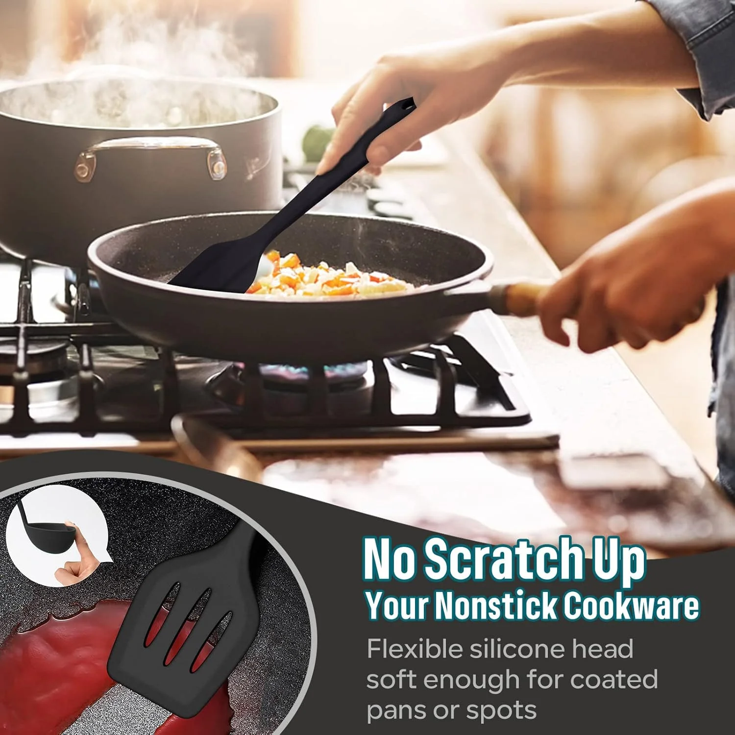 ست لوازم آشپزی سیلیکونی E-far، ست 7 تکه مشکی مقاوم در برابر حرارت، ابزار آشپزخانه نچسب شامل کفگیر ملاقه قاشق و سرو کننده پاستا مناسب برای ظروف نچسب، غیر سمی و قابل شستشو در ماشین ظرفشویی ست لوازم آشپزی سیلیکونی E-far، ست 7 تکه مشکی مقاوم در برابر حرارت، ابزار آشپزخانه نچسب شامل کفگیر ملاقه قاشق و سرو کننده پاستا مناسب برای ظروف نچسب، غیر سمی و قابل شستشو در ماشین ظرفشویی