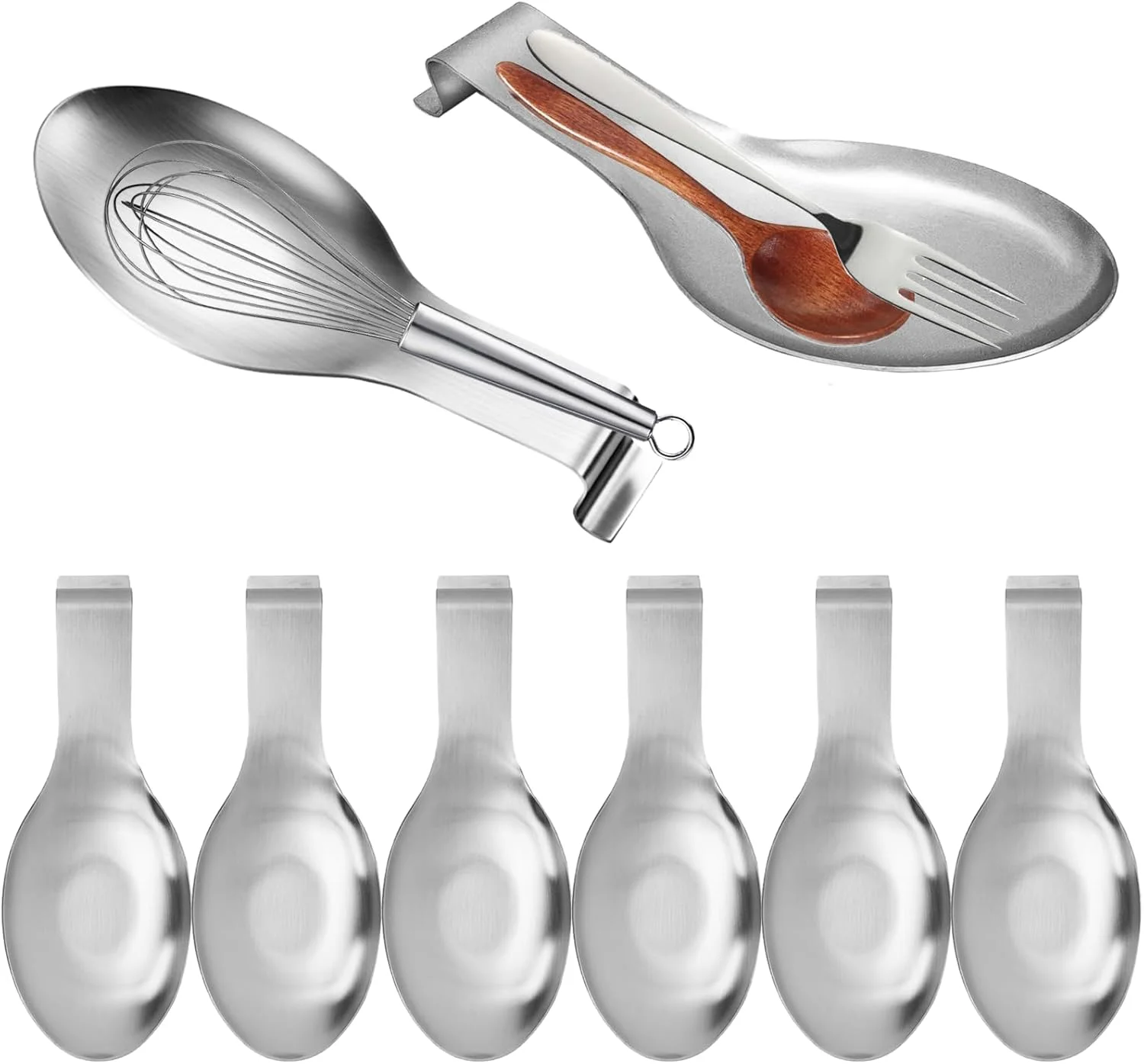 ست ۸ عددی استراحتگاه قاشق استیل ضد زنگ، نگهدارنده قاشق، کفگیر و ملاقه سایز بزرگ برای روی اجاق گاز و کانتر آشپزخانه، مناسب برای استفاده در بوفه و منزل، نقره ای ست ۸ عددی استراحتگاه قاشق استیل ضد زنگ، نگهدارنده قاشق، کفگیر و ملاقه سایز بزرگ برای روی اجاق گاز و کانتر آشپزخانه، مناسب برای استفاده در بوفه و منزل، نقره ای