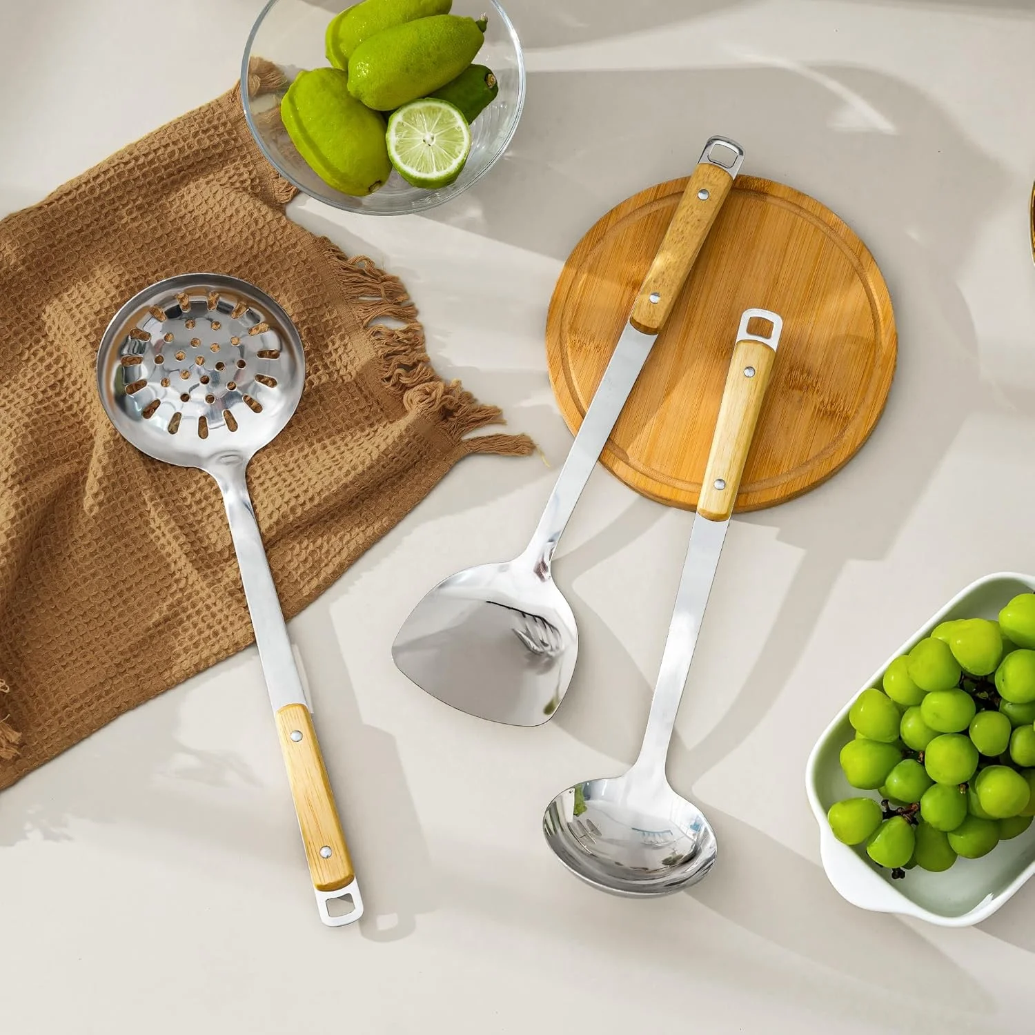 کفگیر و ملاقه وک FJNATINH، ست ابزار ملاقه اسکیمر، کفگیر 40 سانتیمتری برای وک، کفگیر وک استیل 201، چوب، 3 تکه کفگیر و ملاقه وک FJNATINH، ست ابزار ملاقه اسکیمر، کفگیر 40 سانتیمتری برای وک، کفگیر وک استیل 201، چوب، 3 تکه