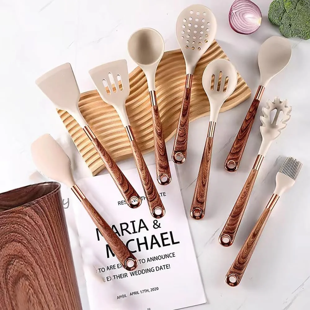 ست کفگیر و ملاقه سیلیکونی مقاوم در برابر حرارت، ست 10 تکه لوازم آشپزخانه - ابزار آشپزی با دسته های طرح چوب، کفگیر، قاشق، ملاقه، سرو کننده پاستا و برس روغن