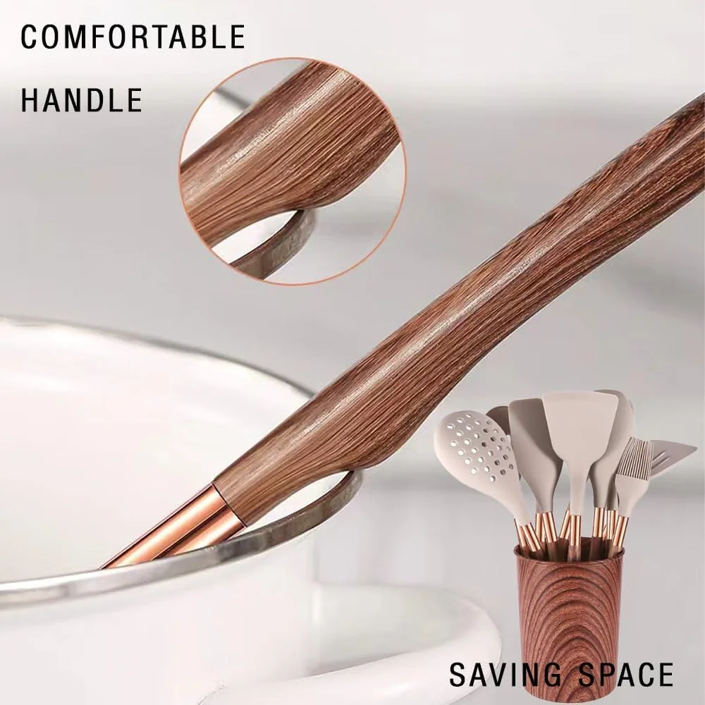 ست کفگیر و ملاقه سیلیکونی مقاوم در برابر حرارت، ست 10 تکه لوازم آشپزخانه - ابزار آشپزی با دسته های طرح چوب، کفگیر، قاشق، ملاقه، سرو کننده پاستا و برس روغن