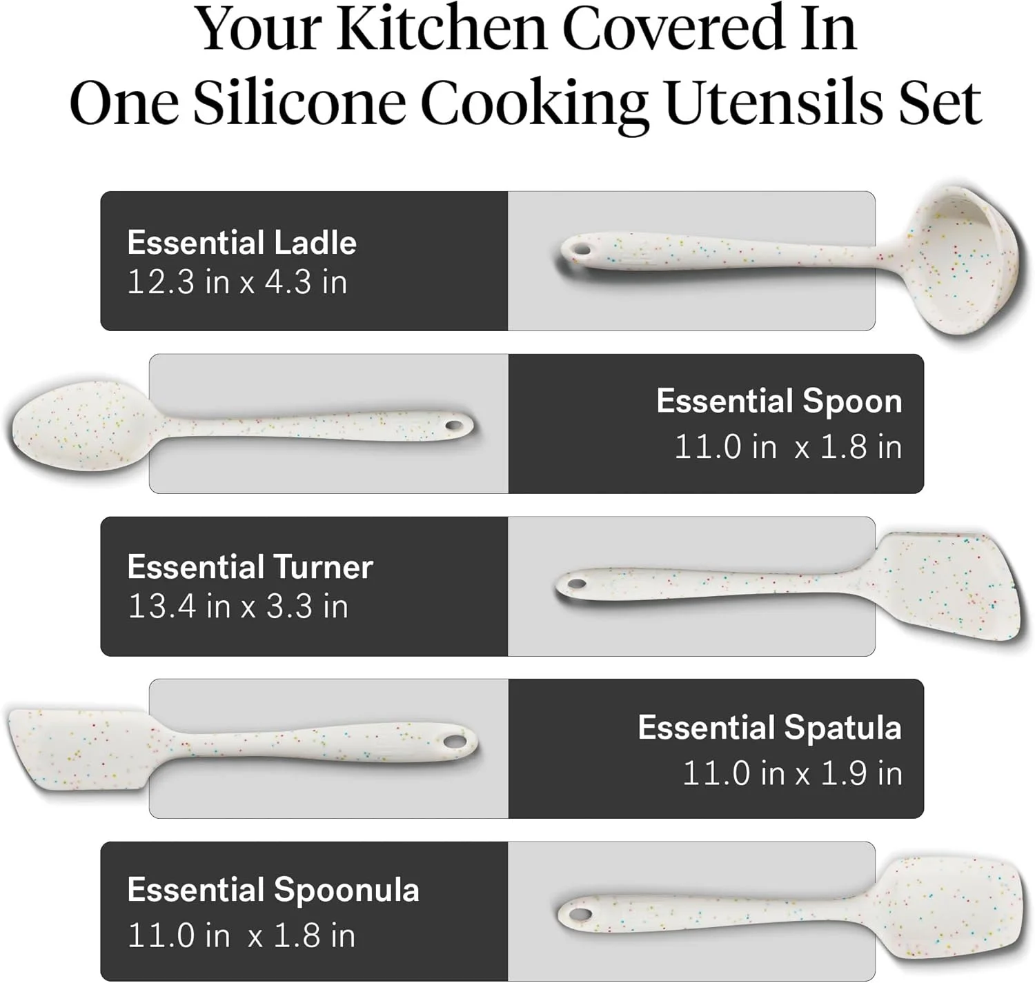 ست 5 تکه ضروری و چند منظوره آشپزخانه - ملاقه، کفگیر، برگردان، قاشق و قاشقک، نچسب، مقاوم در برابر حرارت، قابل شستشو در ماشین ظرفشویی، لوازم پخت و پز - رنگ پارتی کانفتی ست 5 تکه ضروری و چند منظوره آشپزخانه - ملاقه، کفگیر، برگردان، قاشق و قاشقک، نچسب، مقاوم در برابر حرارت، قابل شستشو در ماشین ظرفشویی، لوازم پخت و پز - رنگ پارتی کانفتی