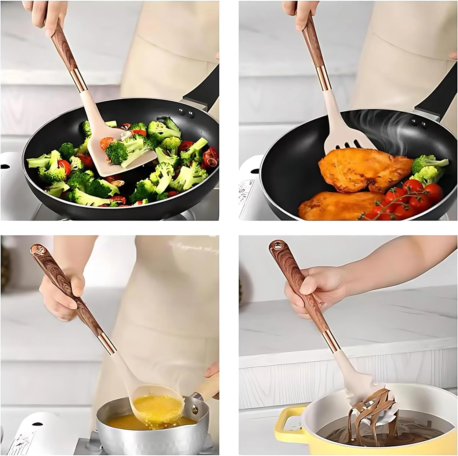 ست کفگیر و ملاقه سیلیکونی مقاوم در برابر حرارت، ست 10 تکه لوازم آشپزخانه - ابزار آشپزی با دسته های طرح چوب، کفگیر، قاشق، ملاقه، سرو کننده پاستا و برس روغن