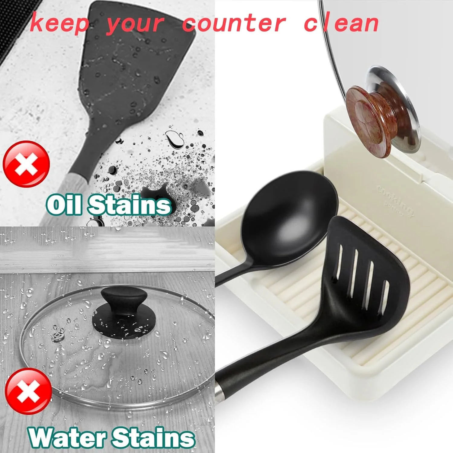 ست دو عددی جای قاشق برای روی کابینت آشپزخانه، نگهدارنده ابزار و درب با پد چکه گیر، مناسب برای ملاقه، کفگیر و قاشق ست دو عددی جای قاشق برای روی کابینت آشپزخانه، نگهدارنده ابزار و درب با پد چکه گیر، مناسب برای ملاقه، کفگیر و قاشق