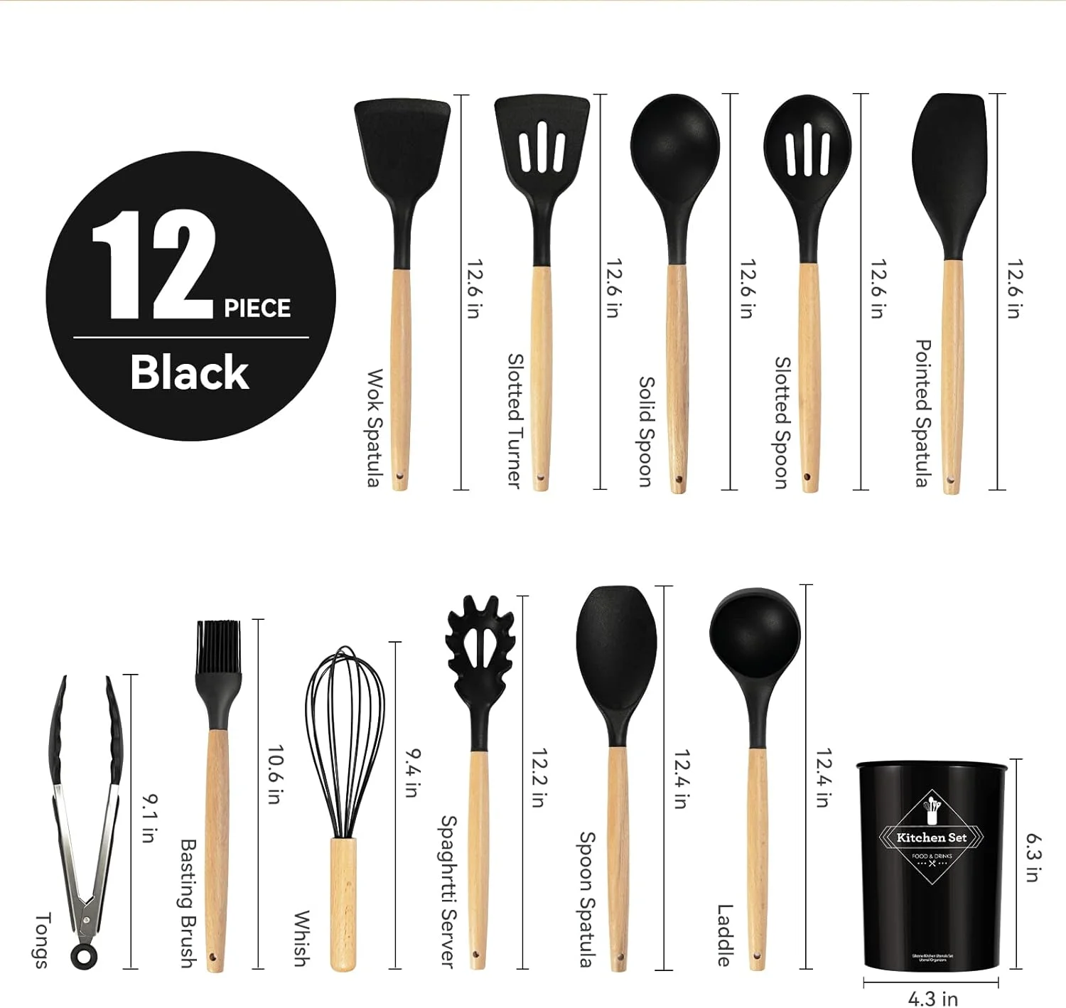 ست 11 تکه لوازم آشپزی سیلیکونی آشپزخانه، ابزار آشپزی نچسب با دسته های چوبی، مقاوم در برابر حرارت بالا (مشکی) ست 11 تکه لوازم آشپزی سیلیکونی آشپزخانه، ابزار آشپزی نچسب با دسته های چوبی، مقاوم در برابر حرارت بالا (مشکی)