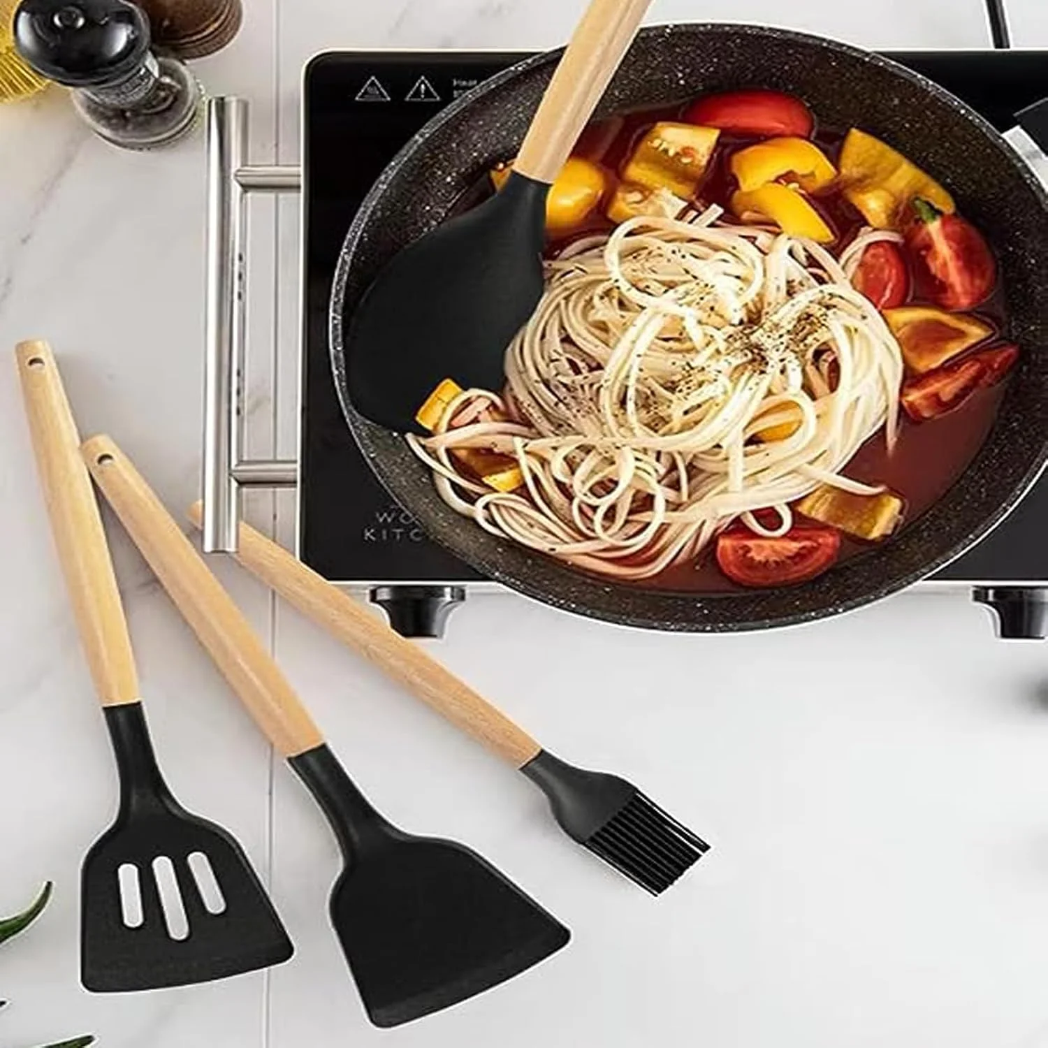 ست 11 تکه لوازم آشپزی سیلیکونی آشپزخانه، ابزار آشپزی نچسب با دسته های چوبی، مقاوم در برابر حرارت بالا (مشکی) ست 11 تکه لوازم آشپزی سیلیکونی آشپزخانه، ابزار آشپزی نچسب با دسته های چوبی، مقاوم در برابر حرارت بالا (مشکی)