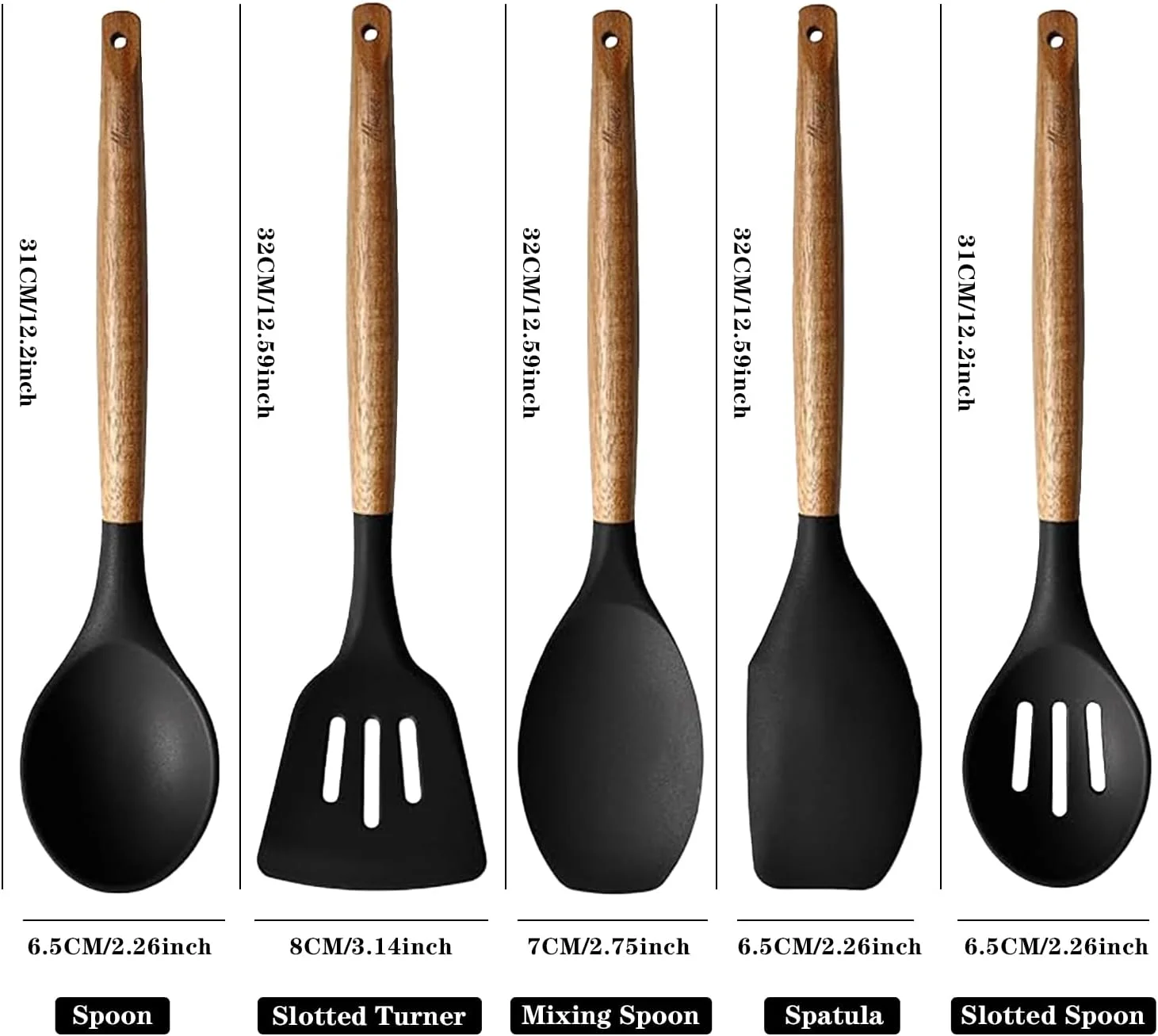 ست لوازم آشپزخانه میوسکو، ابزار آشپزی سیلیکونی با دسته چوبی سخت اقاقیا، مشکی ست لوازم آشپزخانه میوسکو، ابزار آشپزی سیلیکونی با دسته چوبی سخت اقاقیا، مشکی