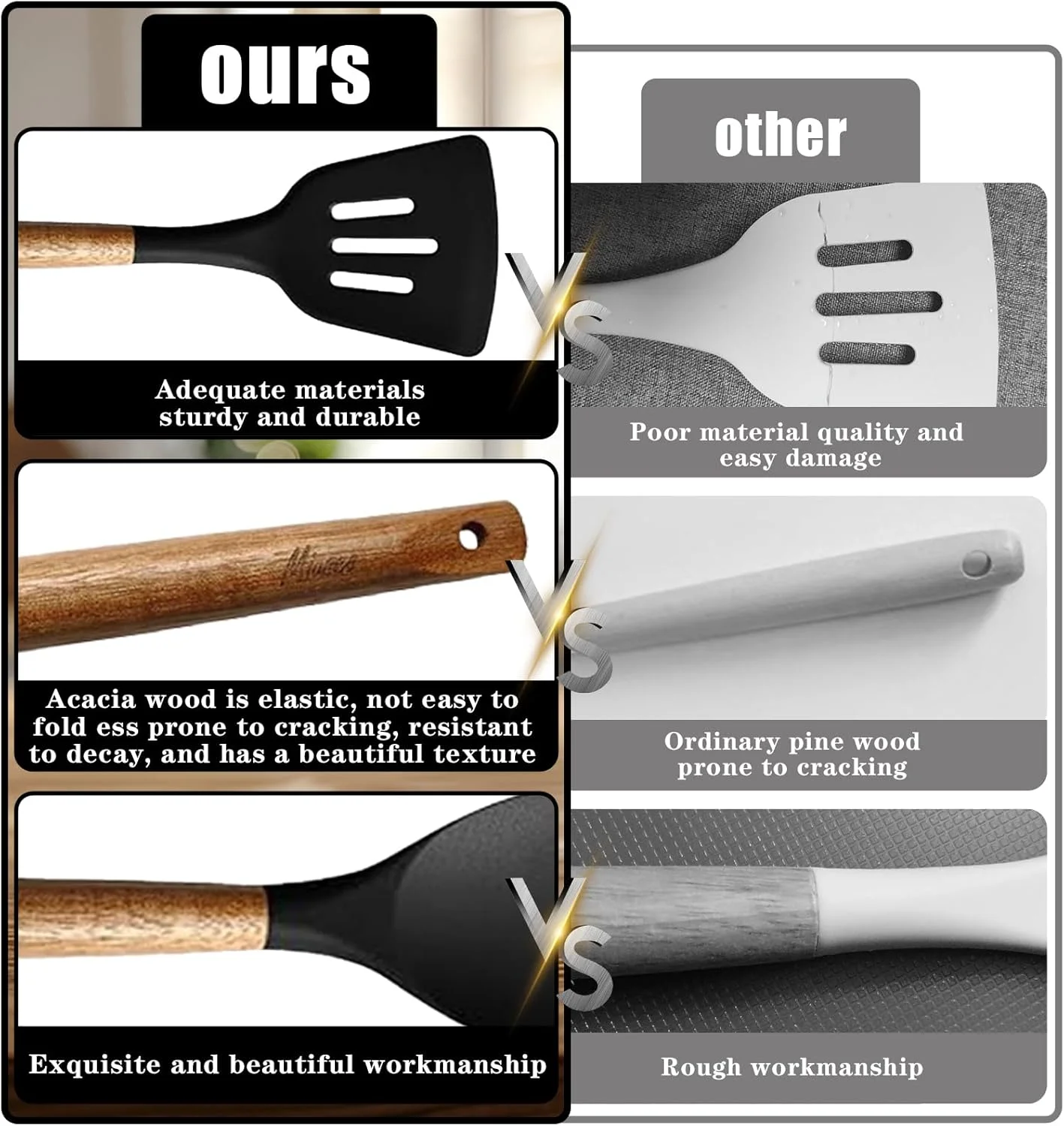 ست لوازم آشپزخانه میوسکو، ابزار آشپزی سیلیکونی با دسته چوبی سخت اقاقیا، مشکی ست لوازم آشپزخانه میوسکو، ابزار آشپزی سیلیکونی با دسته چوبی سخت اقاقیا، مشکی