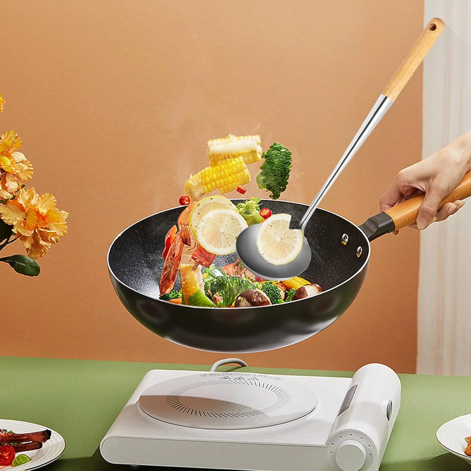 کفگیر و ملاقه ووک، ست ابزار ملاقه اسکیمر، کفگیر 17 اینچی برای ووک، کفگیر ووک استیل 304 کفگیر و ملاقه ووک، ست ابزار ملاقه اسکیمر، کفگیر 17 اینچی برای ووک، کفگیر ووک استیل 304