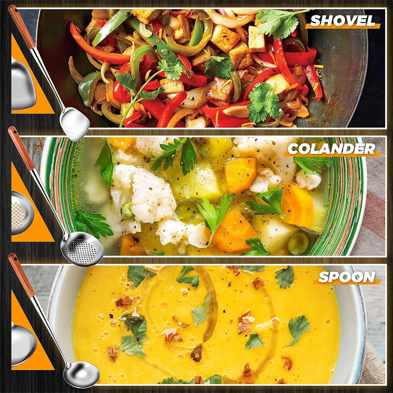 کفگیر و ملاقه ووک، ست ابزار ملاقه اسکیمر، کفگیر 17 اینچی برای ووک، کفگیر ووک استیل 304 کفگیر و ملاقه ووک، ست ابزار ملاقه اسکیمر، کفگیر 17 اینچی برای ووک، کفگیر ووک استیل 304