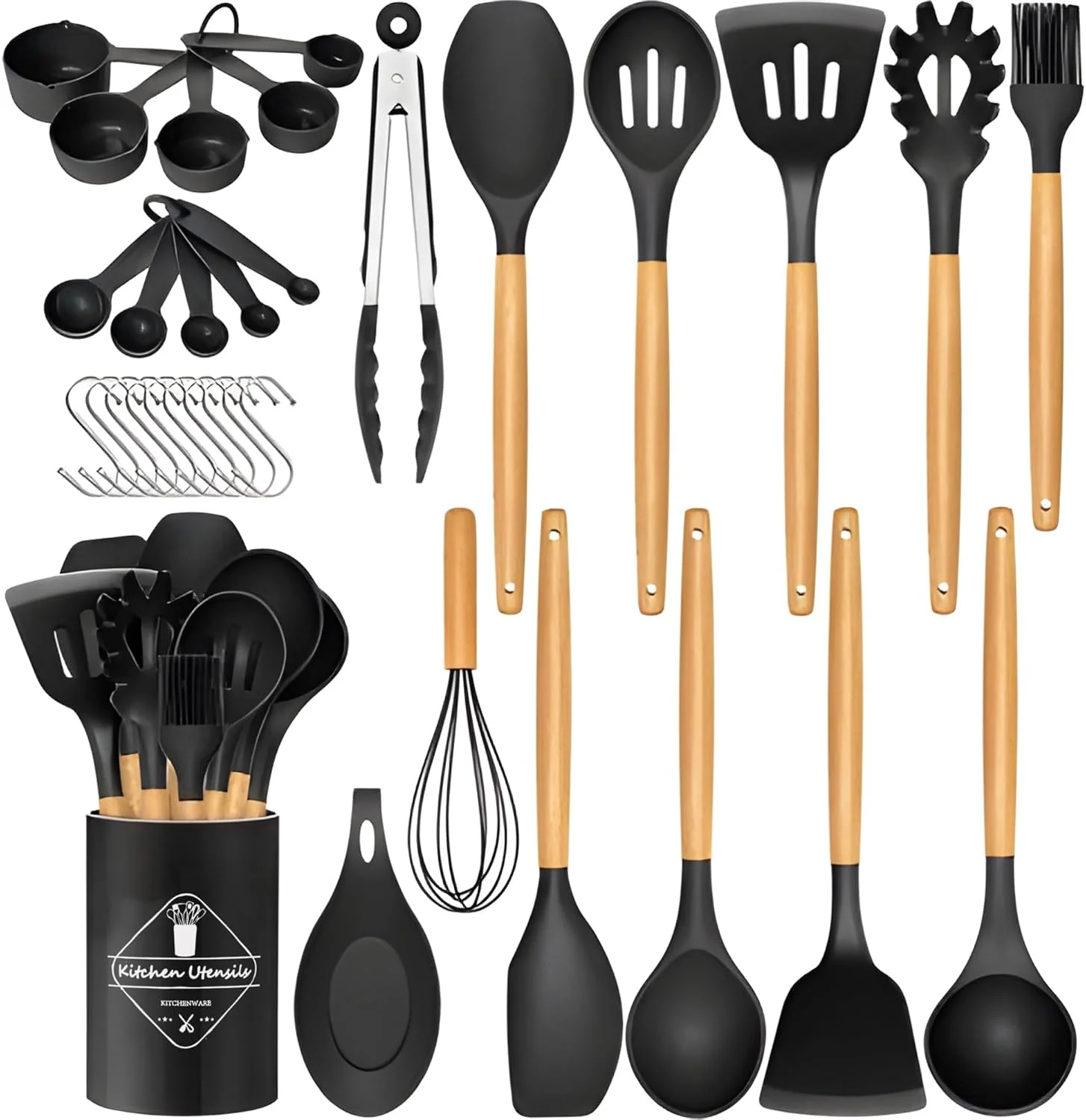 ست لوازم آشپزی آشپزخانه OkeanosHaven، ست 33 تکه کاردک سیلیکونی نچسب با پایه نگهدارنده، ست لوازم آشپزی سیلیکونی دسته چوبی مقاوم در برابر حرارت (مشکی)