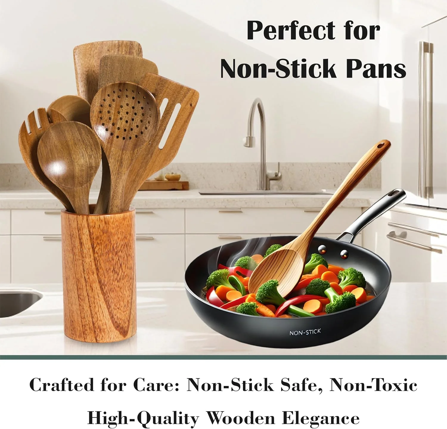 ست قاشق چوبی آشپزی ممتاز (9 تکه) - ست ظروف چوبی اقاقیا غیر سمی، فاقد BPA و ایمن شامل کفگیر چوبی، ملاقه، قاشق همزن و مخلوط کن | ست قاشق چوبی آشپزخانه نچسب برای پخت و پز