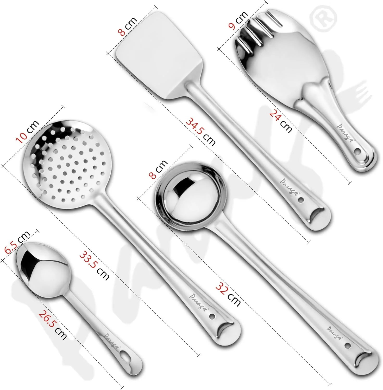 ست ۵ تکه ابزار آشپزی استیل ضد زنگ پاریج برای پخت و پز و سرو، شامل ۵ عدد، ملاقه (کفگیر)، کفگیر سوراخ دار (چهار)، برگردان/کفگیر تخت (پالت)، قاشق روغن و قاشق برنج، نقره ای