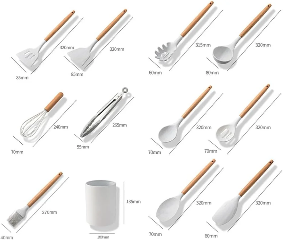ست ۱۱ تکه لوازم آشپزی سیلیکونی، ست ظروف نچسب با سطل نگهداری، ست لوازم آشپزخانه مقاوم در برابر حرارت با دسته های چوبی ممتاز (سفید)