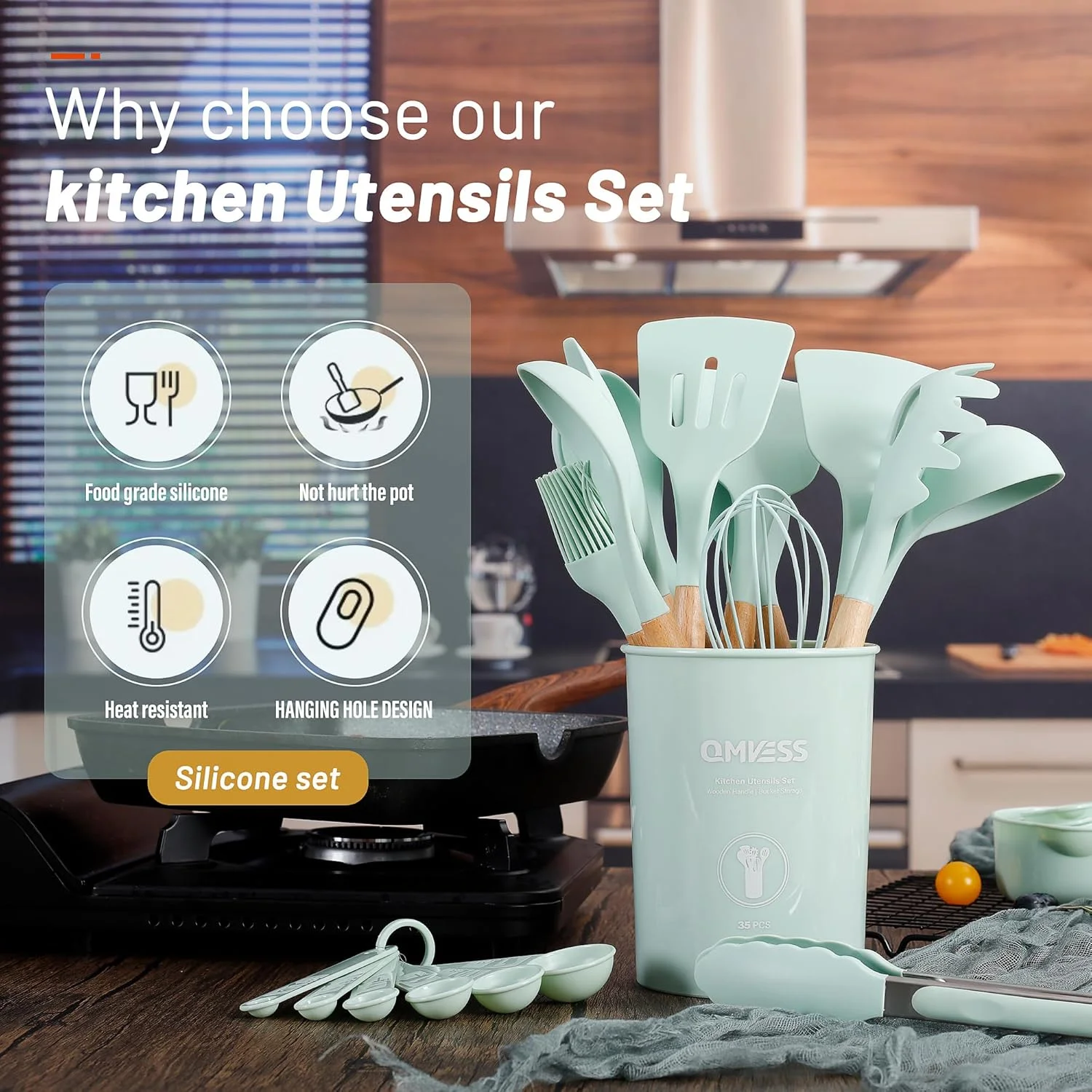 ست لوازم آشپزخانه QMVESS، ست 35 تکه لوازم آشپزی سیلیکونی نچسب با پایه نگهدارنده، دسته چوبی محکم، قاشق کفگیر سیلیکونی مقاوم در برابر حرارت (سبز روشن)
