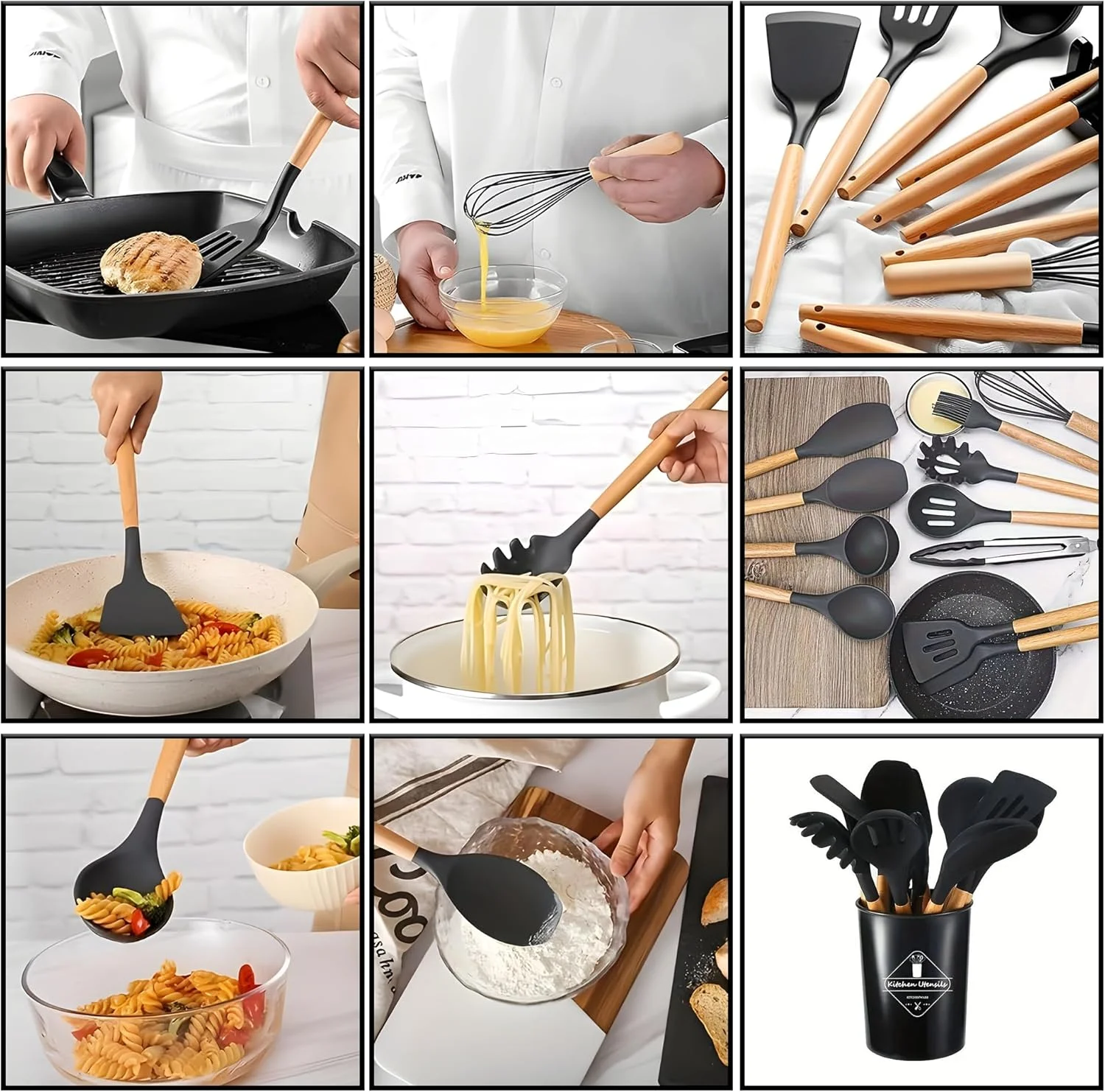 ست لوازم آشپزی آشپزخانه OkeanosHaven، ست 33 تکه کاردک سیلیکونی نچسب با پایه نگهدارنده، ست لوازم آشپزی سیلیکونی دسته چوبی مقاوم در برابر حرارت (مشکی)