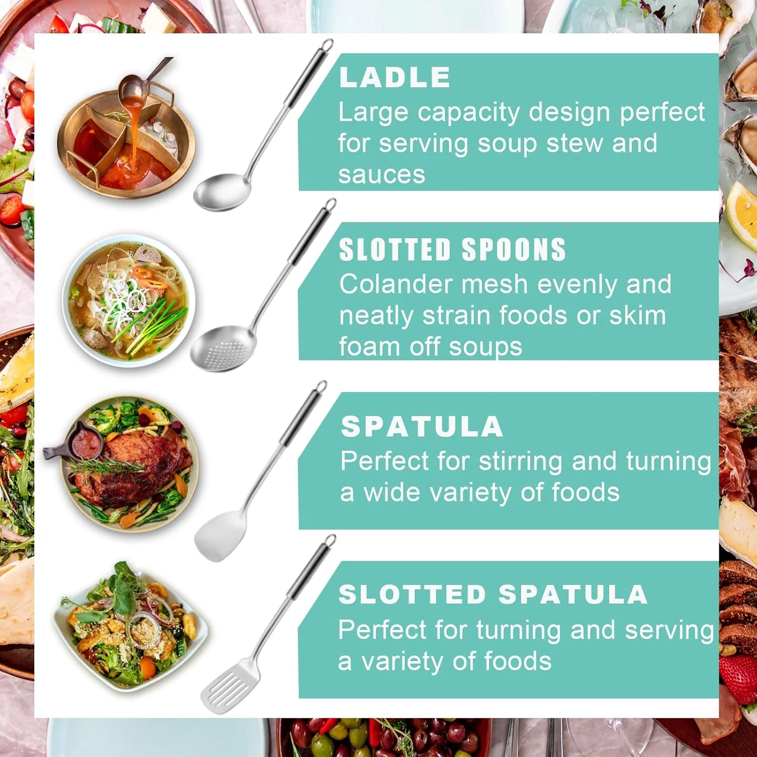 ست ۴ تکه ابزار آشپزی Pleafind، شامل ملاقه، قاشق شکاف دار، کفگیر و کفگیر شکاف دار، ابزار آشپزخانه استیل 304، قابل شستشو در ماشین ظرفشویی
