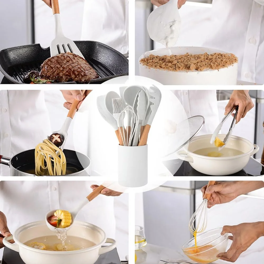 ست ۱۱ تکه لوازم آشپزی سیلیکونی، ست ظروف نچسب با سطل نگهداری، ست لوازم آشپزخانه مقاوم در برابر حرارت با دسته های چوبی ممتاز (سفید)