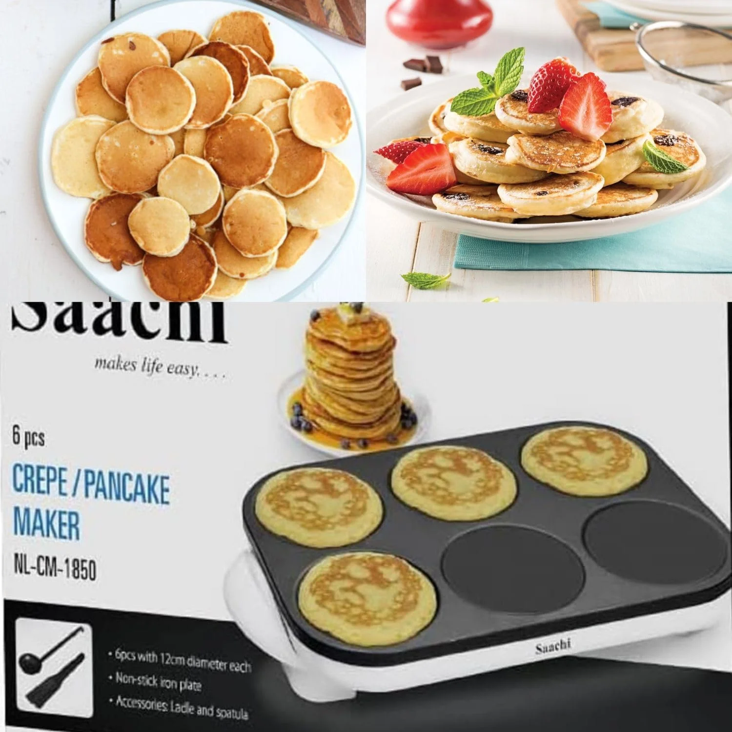 کرپ ساز و پنکیک ساز ساچی (6 تکه) | صفحه نچسب 12 سانتی متری | شامل ملاقه و کفگیر | مینی گریل برقی پنکیک – NL-CM-1850 [IK81]