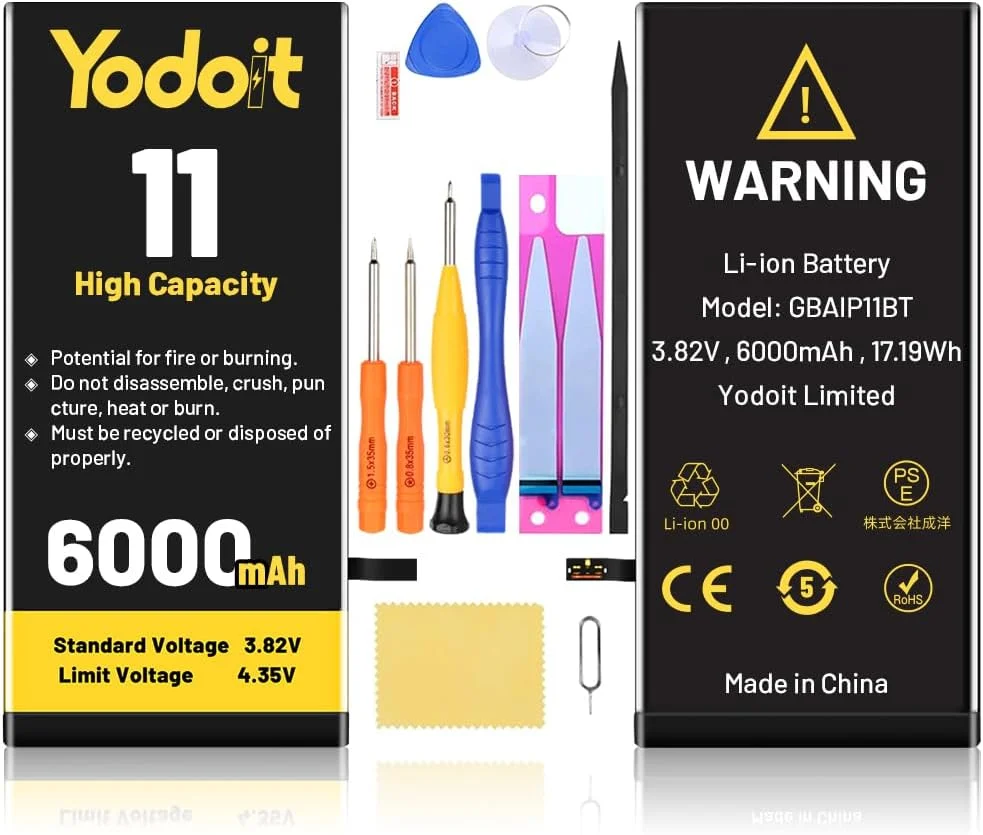 باتری جایگزین با ظرفیت بالا Yodoit برای آیفون 11، باتری 6000mAh، 0 سیکل، مناسب برای مدل های A2111، A2221، A2223 به همراه کیت ابزار تعمیر و چسب