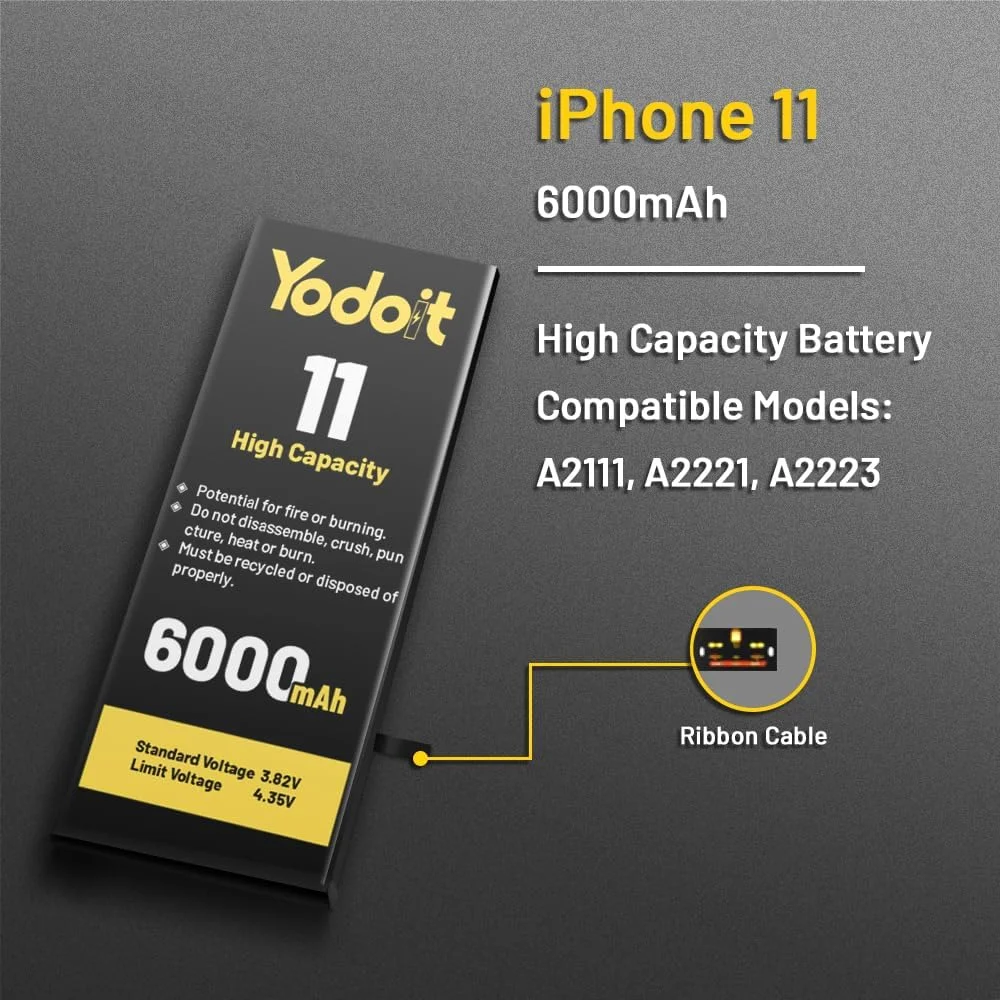 باتری جایگزین با ظرفیت بالا Yodoit برای آیفون 11، باتری 6000mAh، 0 سیکل، مناسب برای مدل های A2111، A2221، A2223 به همراه کیت ابزار تعمیر و چسب باتری جایگزین با ظرفیت بالا Yodoit برای آیفون 11، باتری 6000mAh، 0 سیکل، مناسب برای مدل های A2111، A2221، A2223 به همراه کیت ابزار تعمیر و چسب
