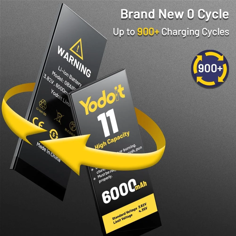 باتری جایگزین با ظرفیت بالا Yodoit برای آیفون 11، باتری 6000mAh، 0 سیکل، مناسب برای مدل های A2111، A2221، A2223 به همراه کیت ابزار تعمیر و چسب باتری جایگزین با ظرفیت بالا Yodoit برای آیفون 11، باتری 6000mAh، 0 سیکل، مناسب برای مدل های A2111، A2221، A2223 به همراه کیت ابزار تعمیر و چسب