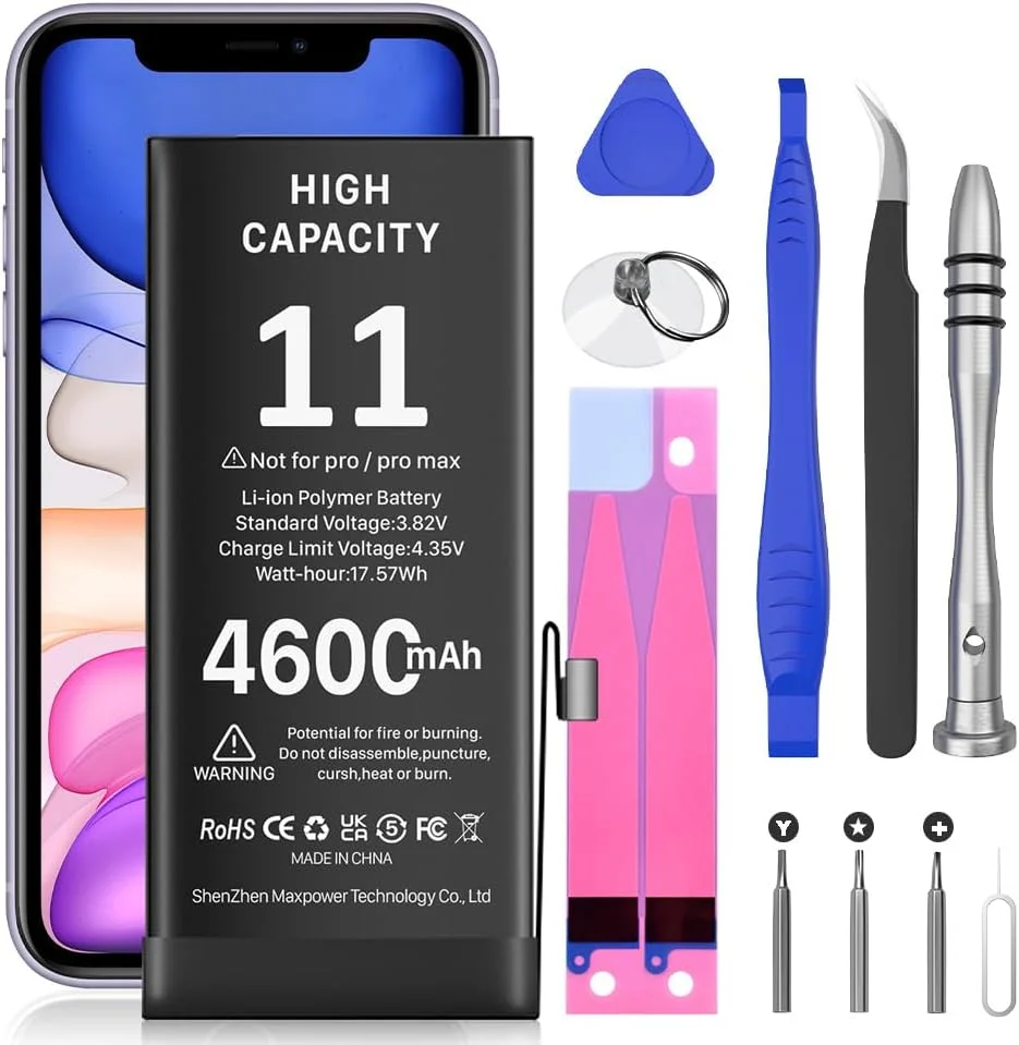 باتری [4600mAh] برای آیفون 11، مدل A2111، A2221، باتری جایگزین با ظرفیت فوق العاده بالا، 0 سیکل برای آیفون 11، همراه با ابزار تعویض حرفه ای