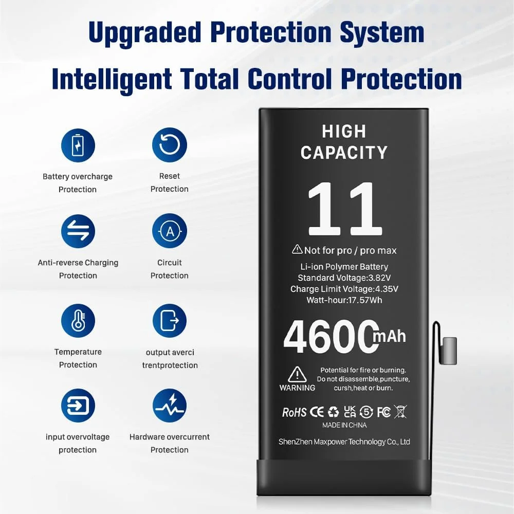 باتری [4600mAh] برای آیفون 11، مدل A2111، A2221، باتری جایگزین با ظرفیت فوق العاده بالا، 0 سیکل برای آیفون 11، همراه با ابزار تعویض حرفه ای