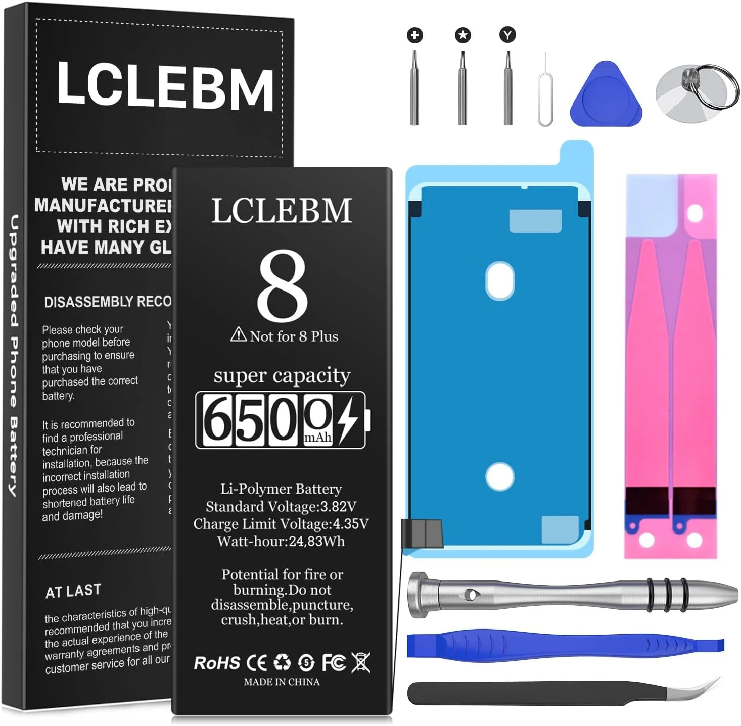 باتری آیفون 8 مدل LCLEBM (6500mAh)، باتری جایگزین با ظرفیت بالا و ارتقا یافته جدید برای آیفون 8، A1863, A1905, A1906، همراه با کیت ابزار تعمیر حرفه ای و دستورالعمل باتری آیفون 8 مدل LCLEBM (6500mAh)، باتری جایگزین با ظرفیت بالا و ارتقا یافته جدید برای آیفون 8، A1863, A1905, A1906، همراه با کیت ابزار تعمیر حرفه ای و دستورالعمل