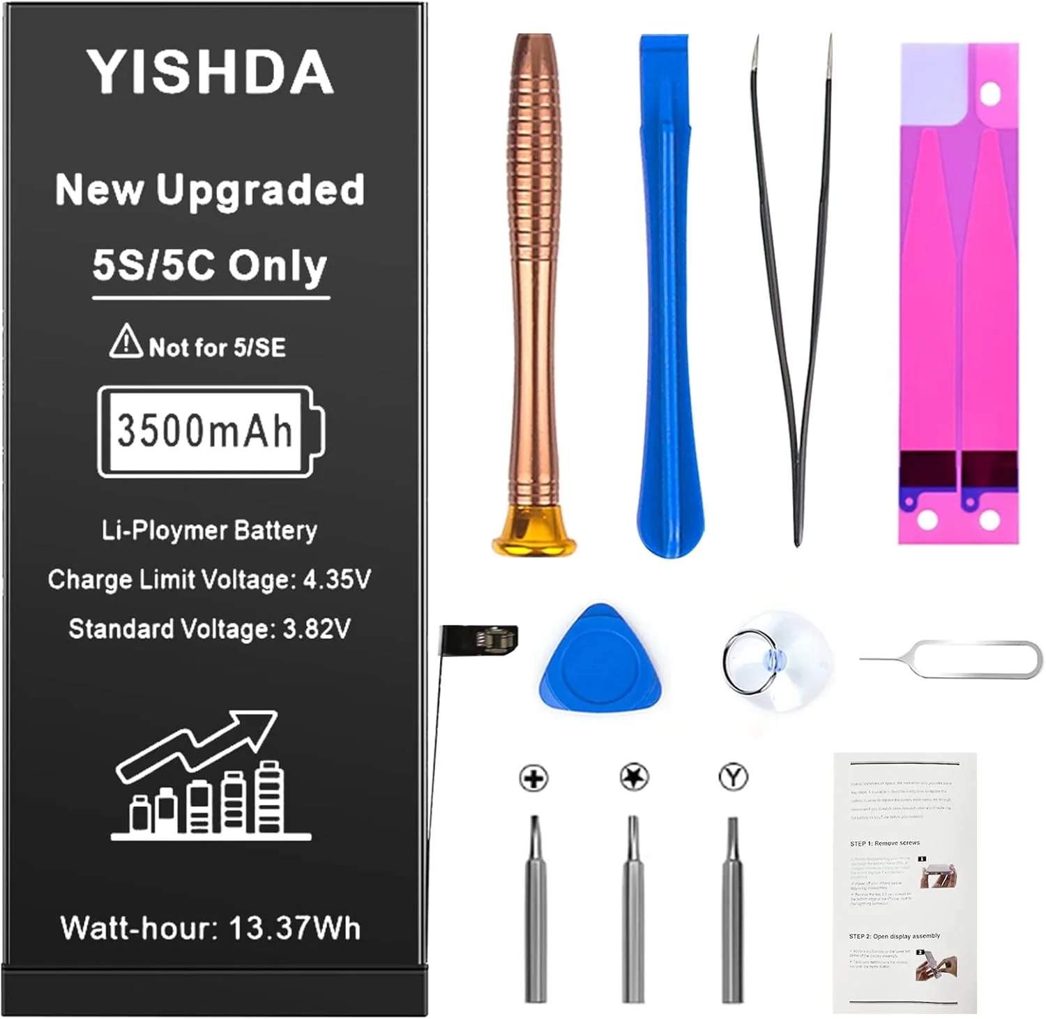 باتری YISHDA برای آیفون 5S و 5C، باتری جایگزین با ظرفیت بالای 3500mAh برای 5S و 5C، همراه با ابزار تعمیر کامل و دفترچه راهنما باتری YISHDA برای آیفون 5S و 5C، باتری جایگزین با ظرفیت بالای 3500mAh برای 5S و 5C، همراه با ابزار تعمیر کامل و دفترچه راهنما