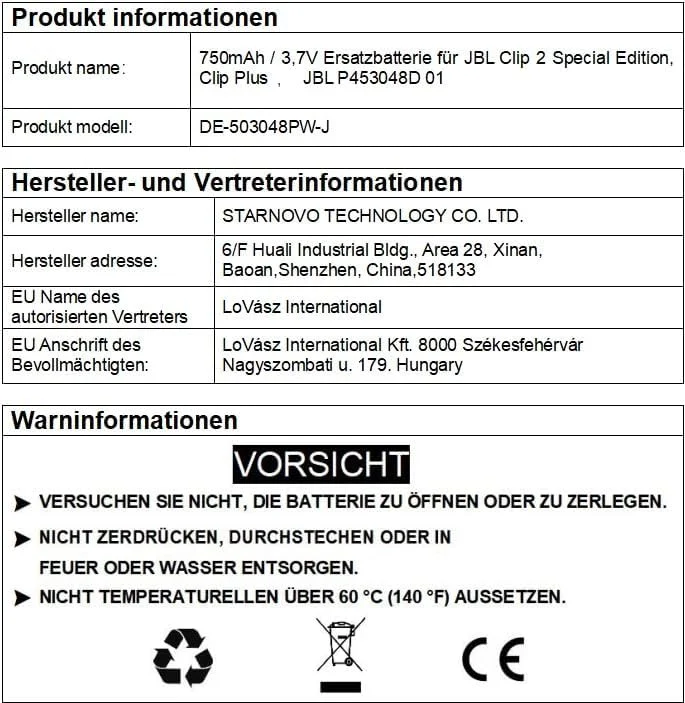باتری جایگزین 750mAh/3.7V برای JBL Clip 2 نسخه ویژه، Clip Plus، JBL P453048D 01 باتری جایگزین 750mAh/3.7V برای JBL Clip 2 نسخه ویژه، Clip Plus، JBL P453048D 01