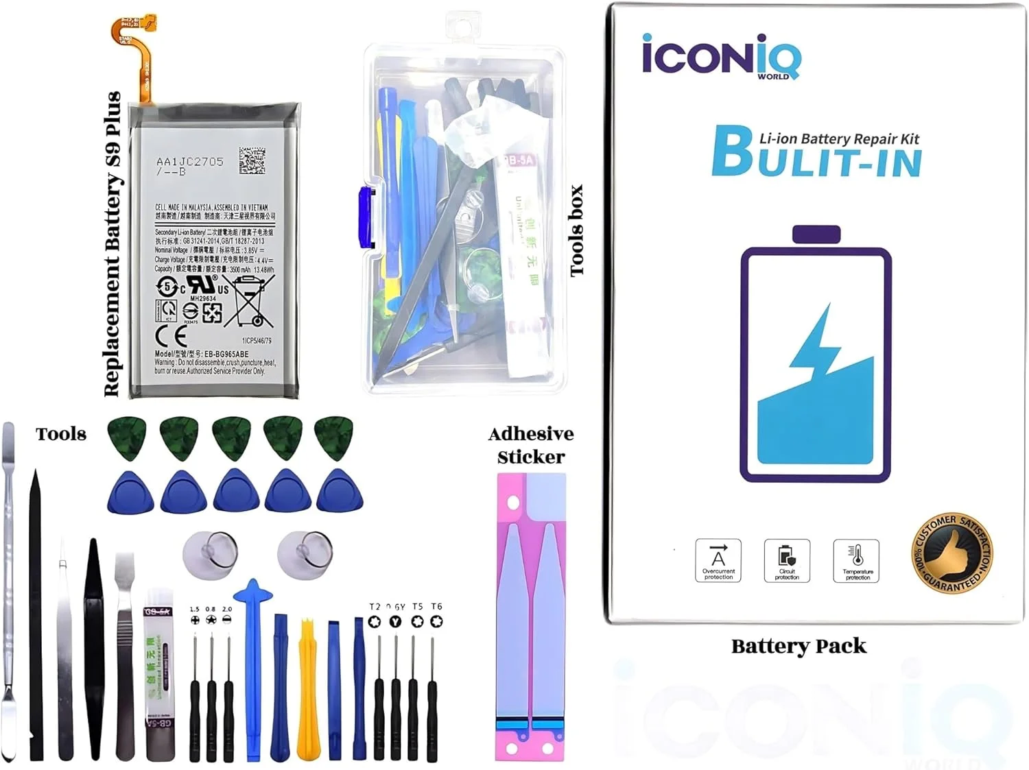 کیت تعویض باتری پریمیوم ICONIQ World برای سامسونگ S9 پلاس، S9+ EB-BG965ABE/A 3500mAh، شامل باتری، ابزار و برچسب چسب